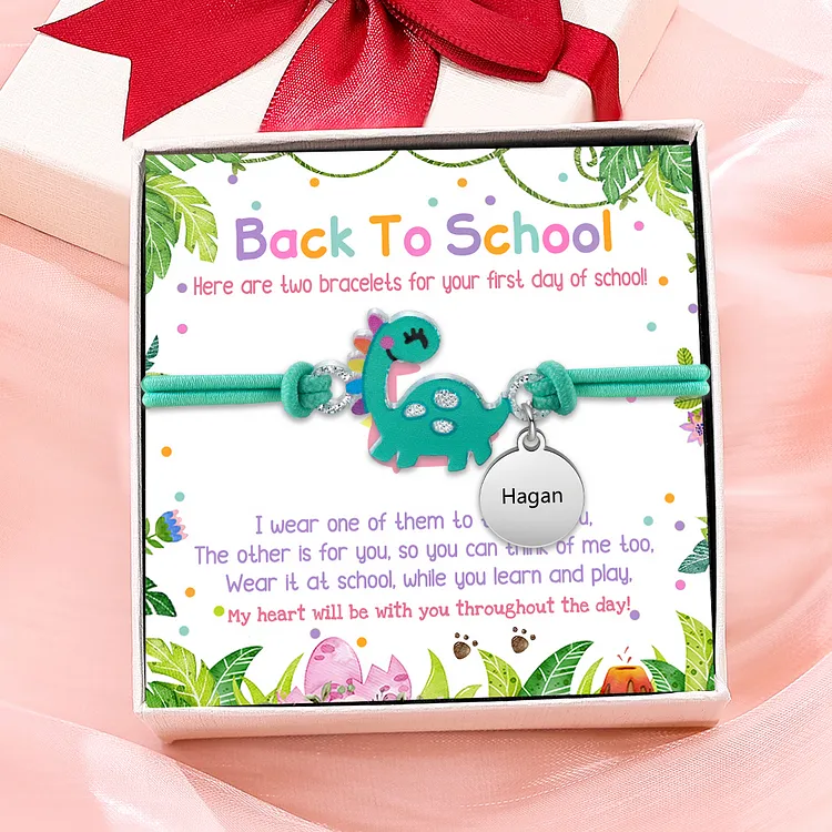 Jessemade UK 2 PCS Bracelet Set Custom Names Green Dinosaur Charm Hair Ties Back To School Gift for Girls - My Heart Will Be With You Throughout The Day 19.99 n2