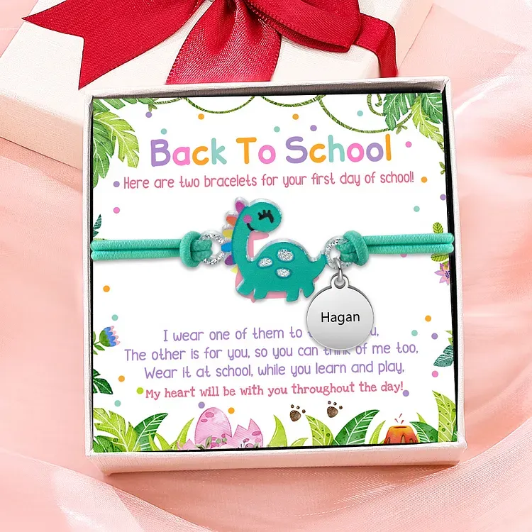 Jessemade UK 2 PCS Bracelet Set Custom Names Green Dinosaur Charm Hair Ties Back To School Gift for Girls - My Heart Will Be With You Throughout The Day 19.99 n2