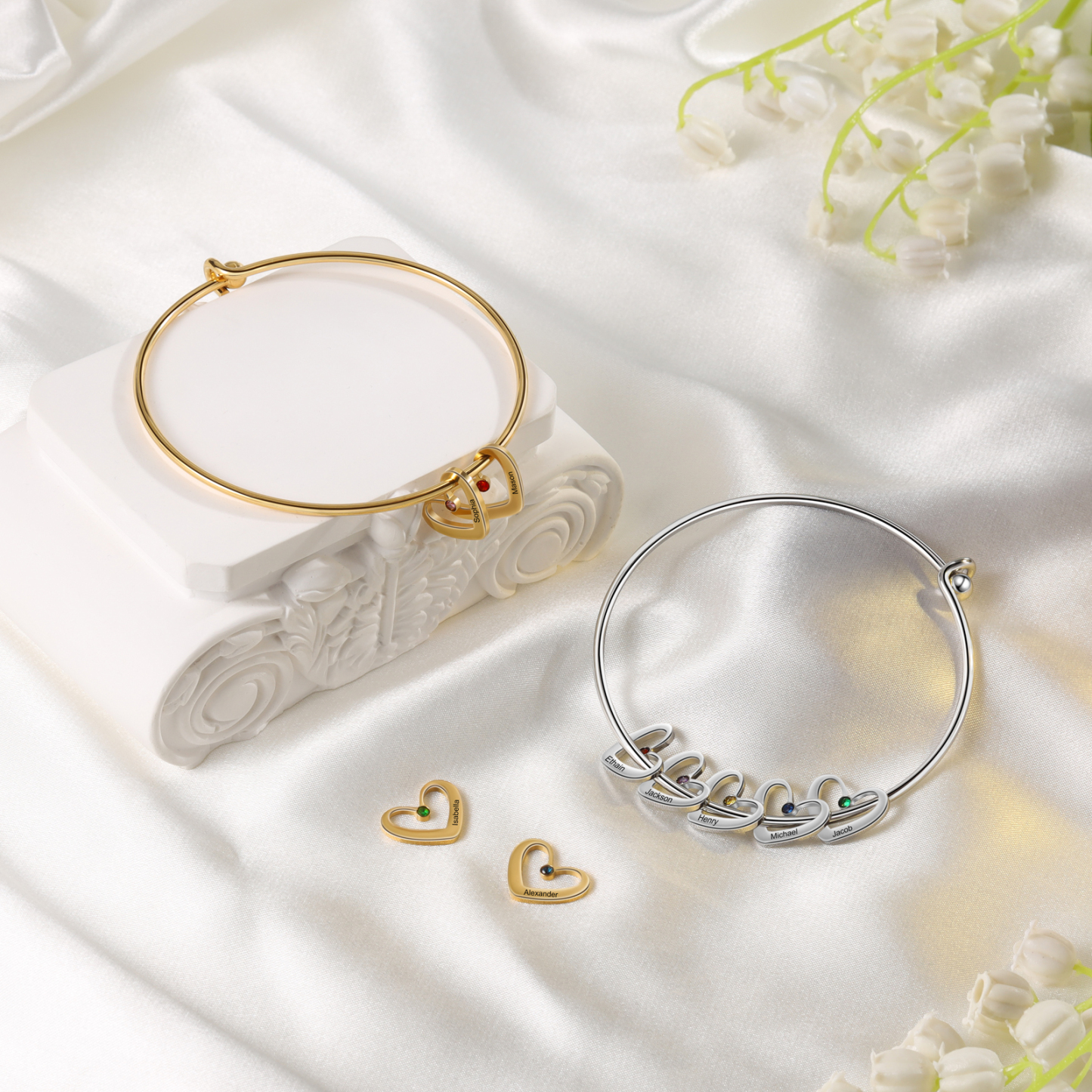 Personalised Heart Bangle With 6 Names and Birthstones Bangle Bracelet Mother's Day Gifts For women