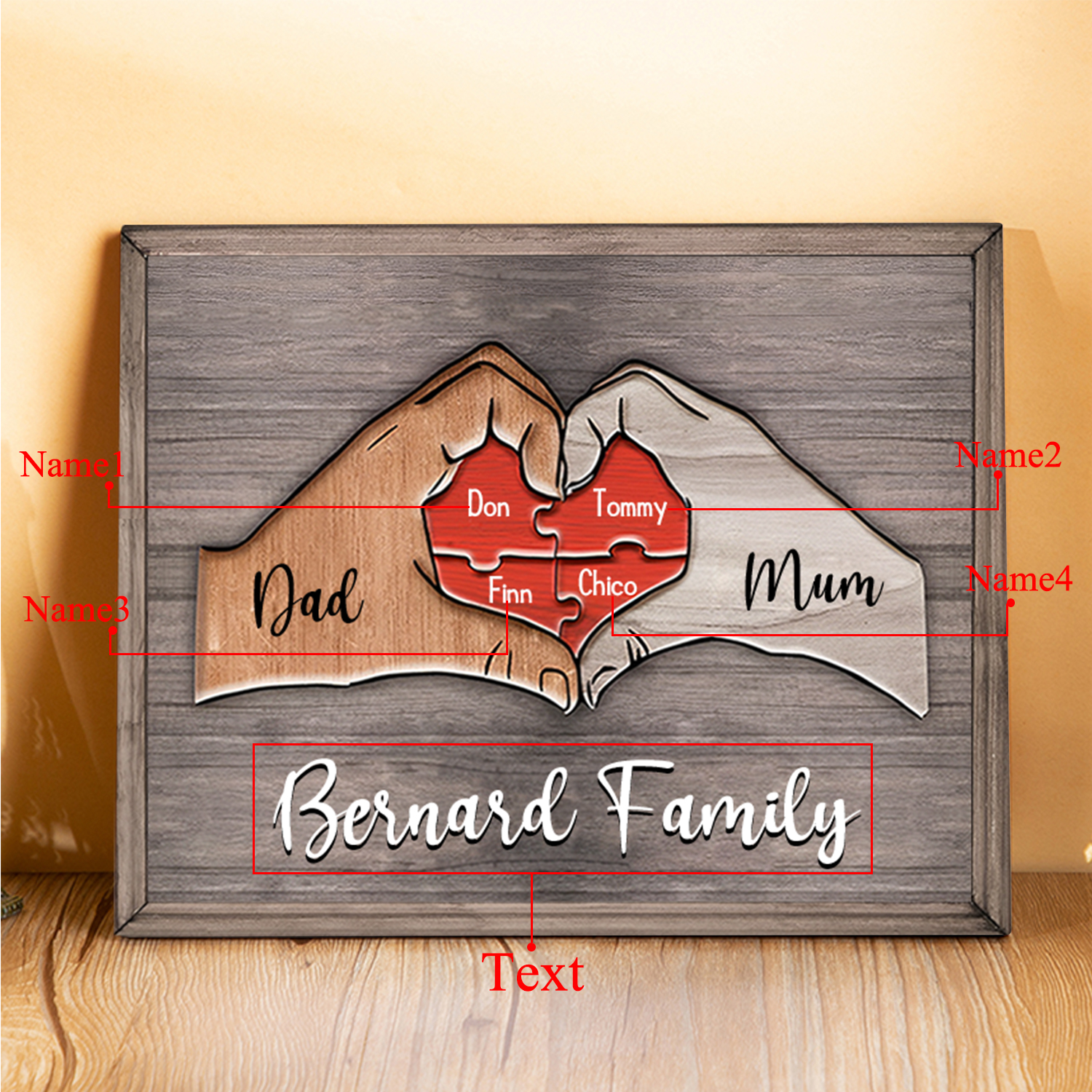 4 Names - Personalised Love Heart Customized Name and Text Wooden Ornament Father's Day Gift for Dad
