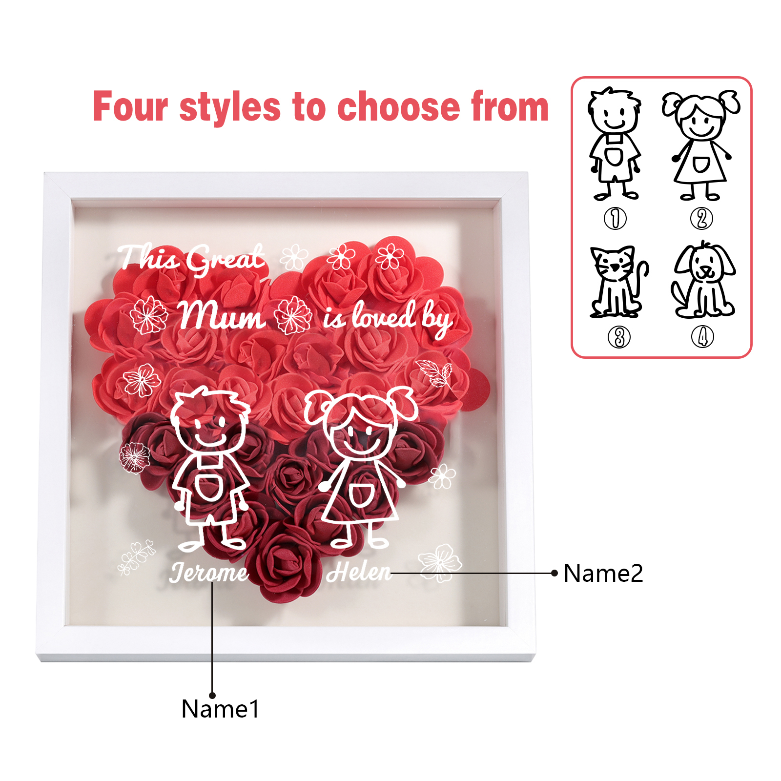 Personalised 3D Floral Shadow Box – Custom 2 Kids&Pets Names –This Great Mum Is Loved By- Gift for Mum, Nan & Loved Ones| Jessemade