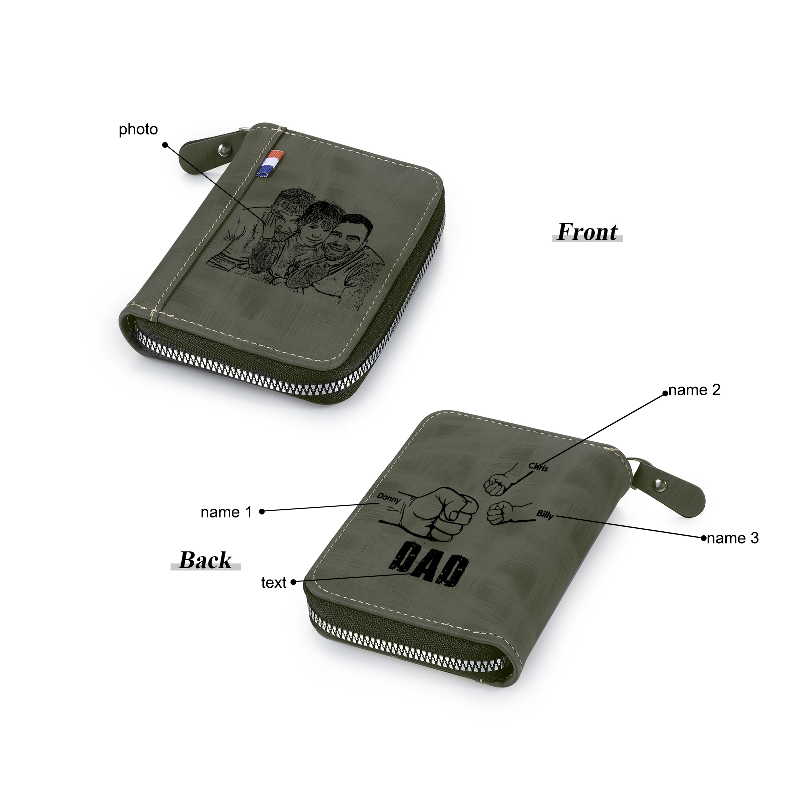 3 Names - Personalised Fist Bump Fist Bump Photo Custom Leather Men's Zipper Wallet as a Father's Day Gift for Dad