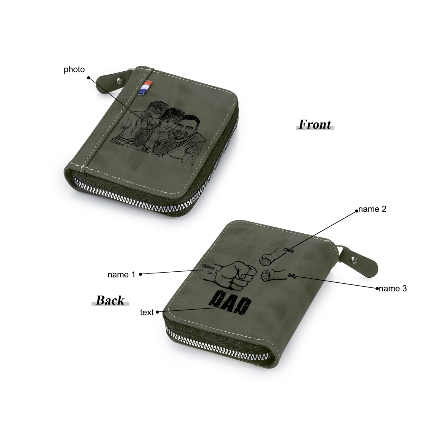 3 Names - Personalised Fist Bump Fist Bump Photo Custom Leather Men's Zipper Wallet as a Father's Day Gift for Dad