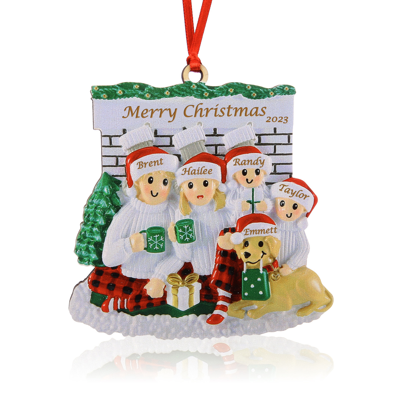 5 Names-Personalised Family Wooden Christmas Xmas Tree Decoration Ornament with Dog-Custom 5 Names Hanging Ornament Gifts For Family