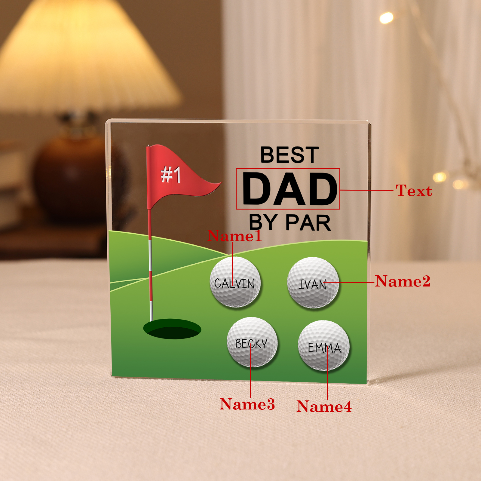4 Names - Personalised Name and Text Acrylic Decor - Best Dad By Par - Father's Day Gift for Dad