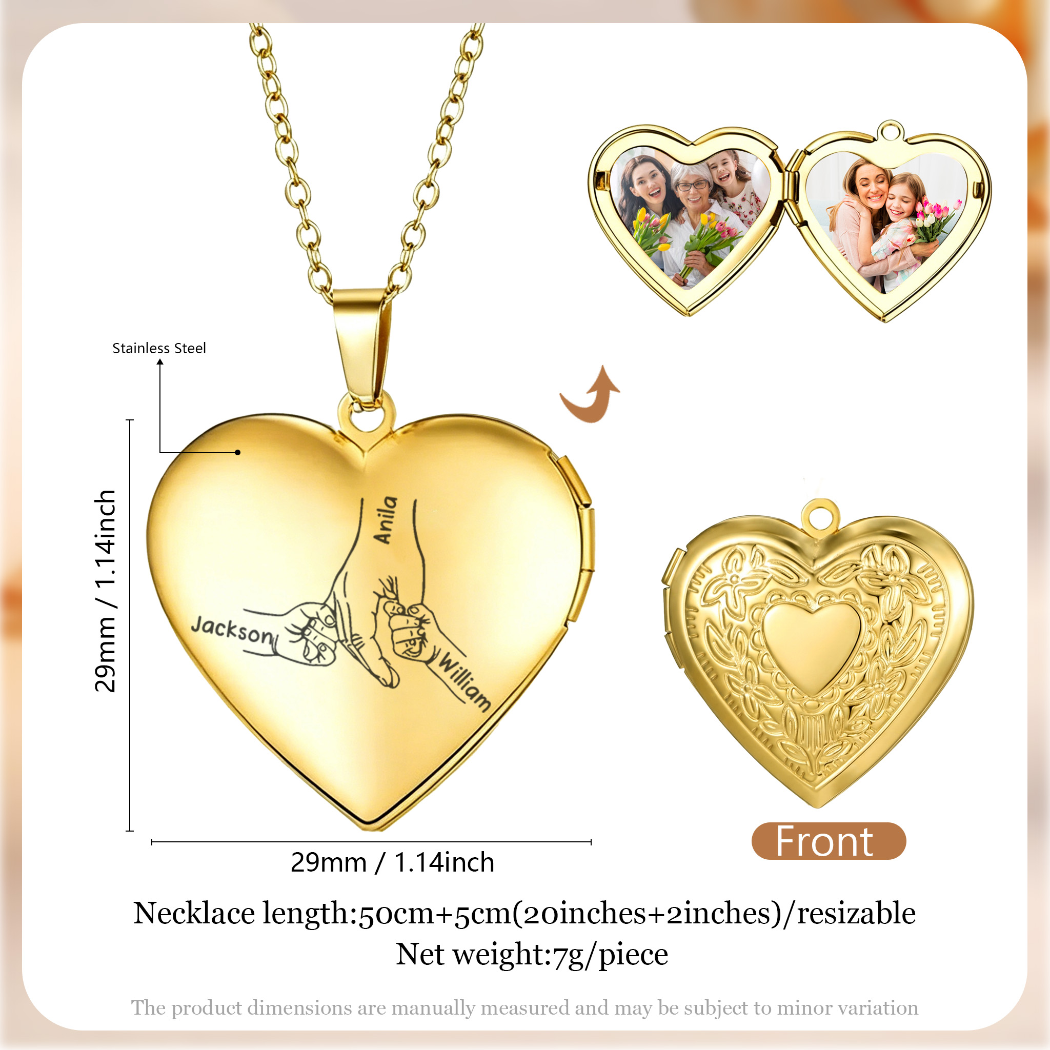 Personalised Family Heart Photo Locket Necklace with 2-7 Names for Women