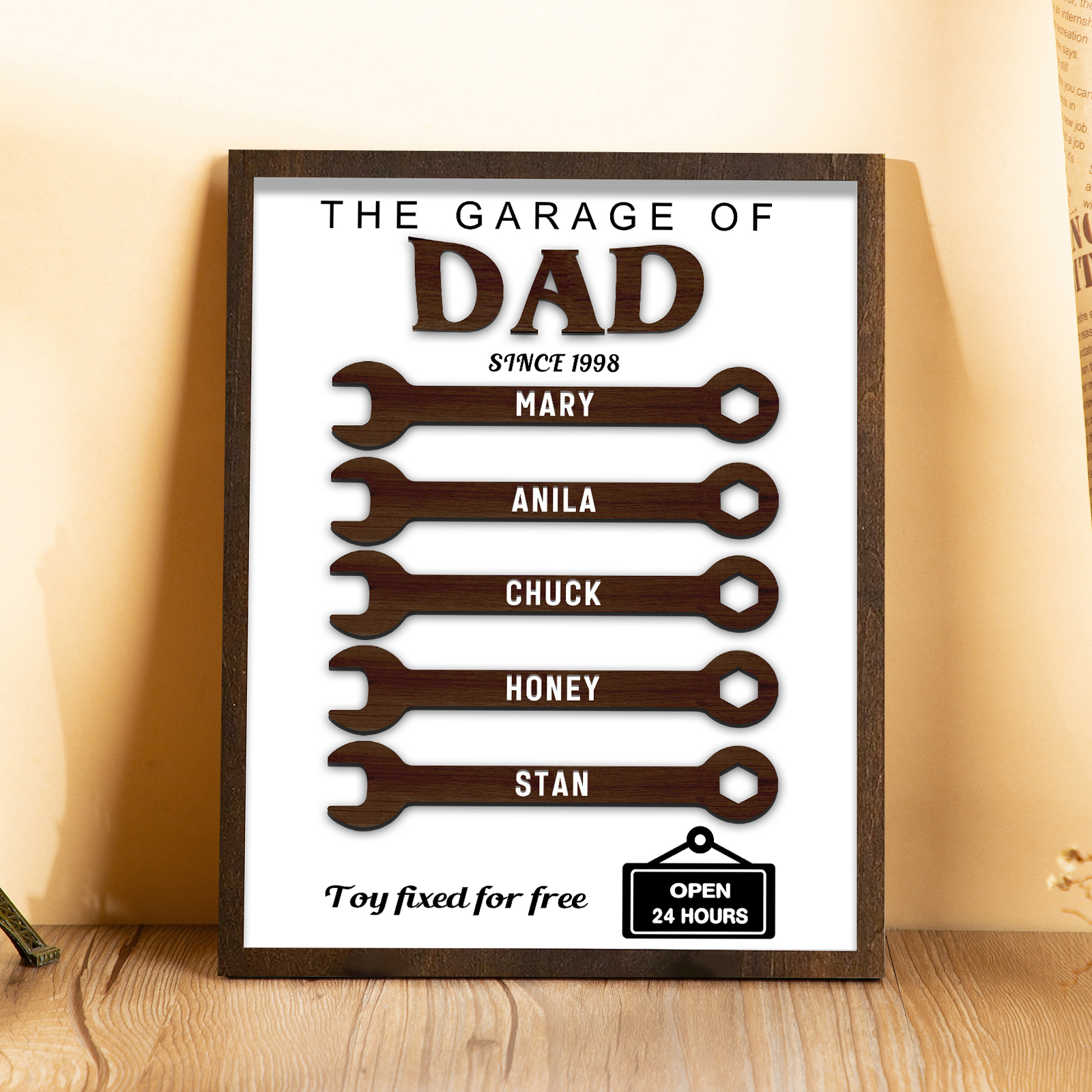 5 Names - Personalised Repair Tool Style Home Photo Frame Wooden Decor Father's Day Gift for Dad