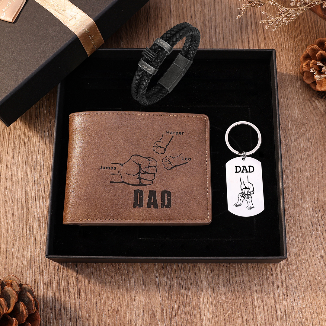 Personalised 3 Names Gift Set Custom Wallet & Bracelet & Keychain Gift Box Set Father’s Day Gifts