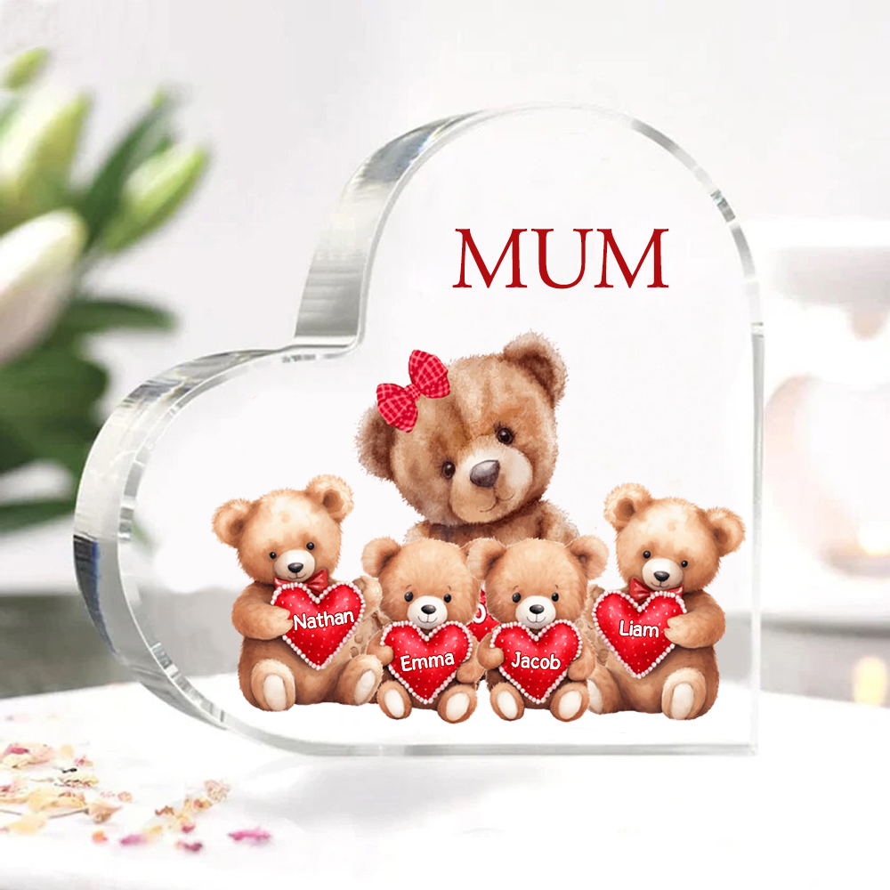 4 Names-Personalised Mum Acrylic Heart Keepsake Custom Text Love Teddy Bear Ornaments Gifts Set With Gift Box for Grandma/Mother