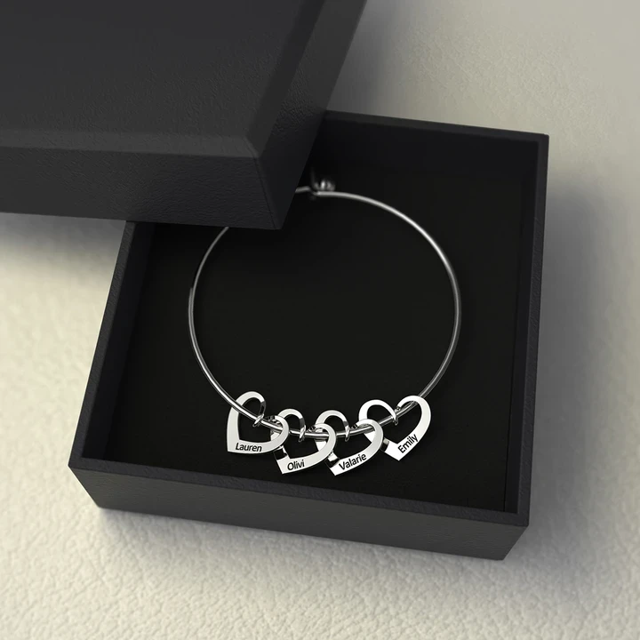 5 Names-Personalised Love Bracelet with 5 Heart Charms Engraved Name Bangle Bracelet