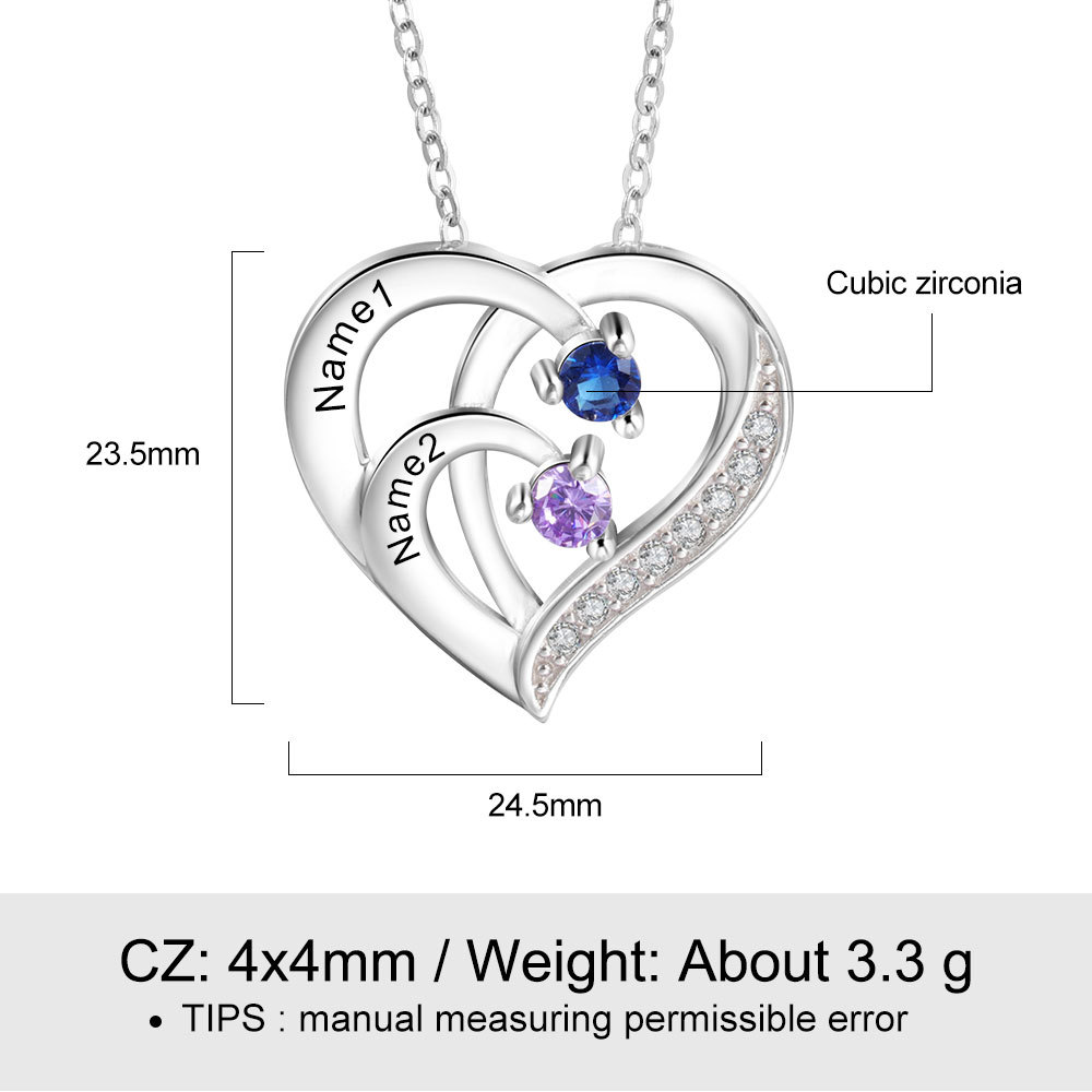 Personalised Mother Necklace 2 Stones Engraved 2 Names Birthstone Intertwined Heart Pendant Gifts for Her
