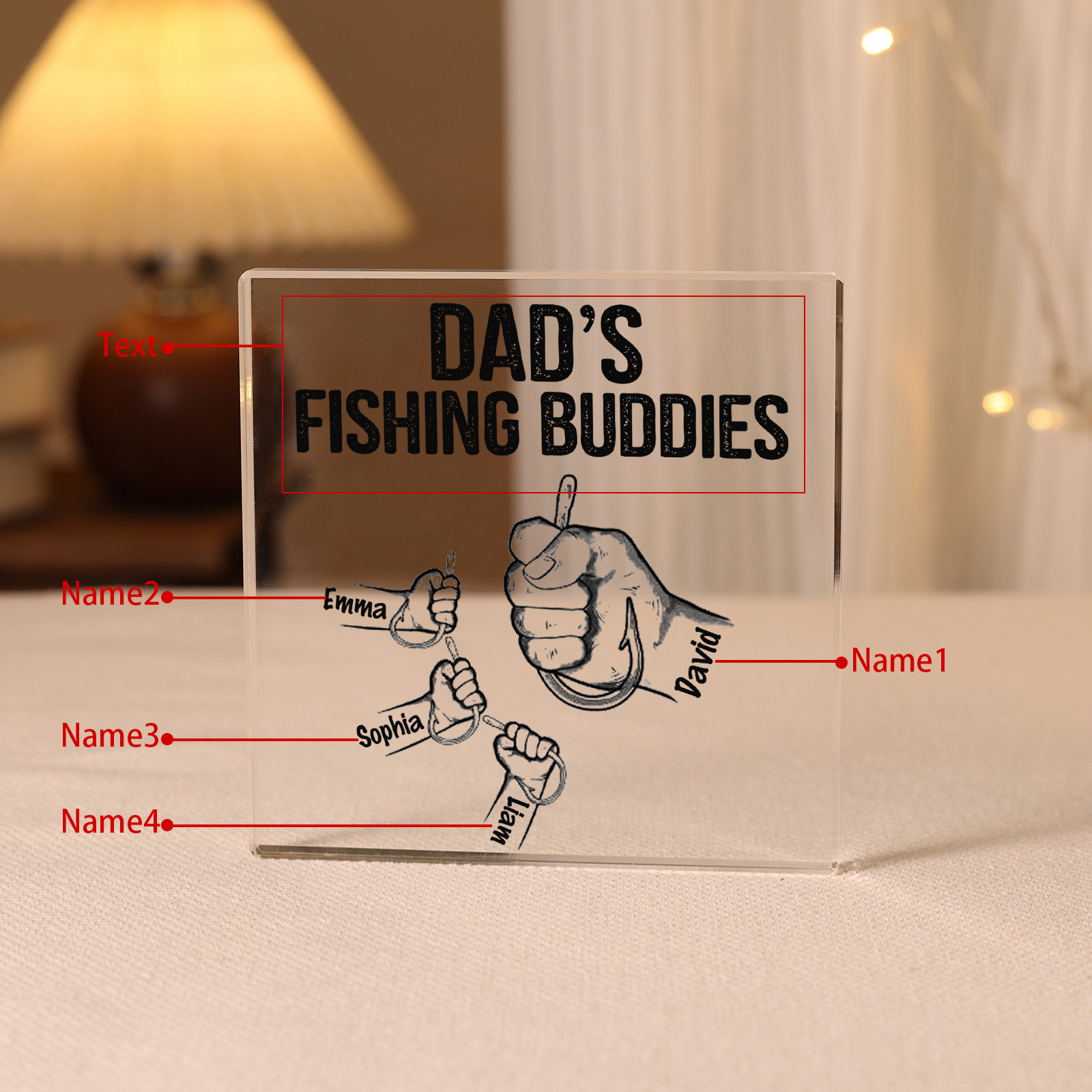 4 Names - Personalised Fishhook Fist Bump Pattern Family Acrylic Keepsake Customized Name Acrylic Home Decor Gift for Dad