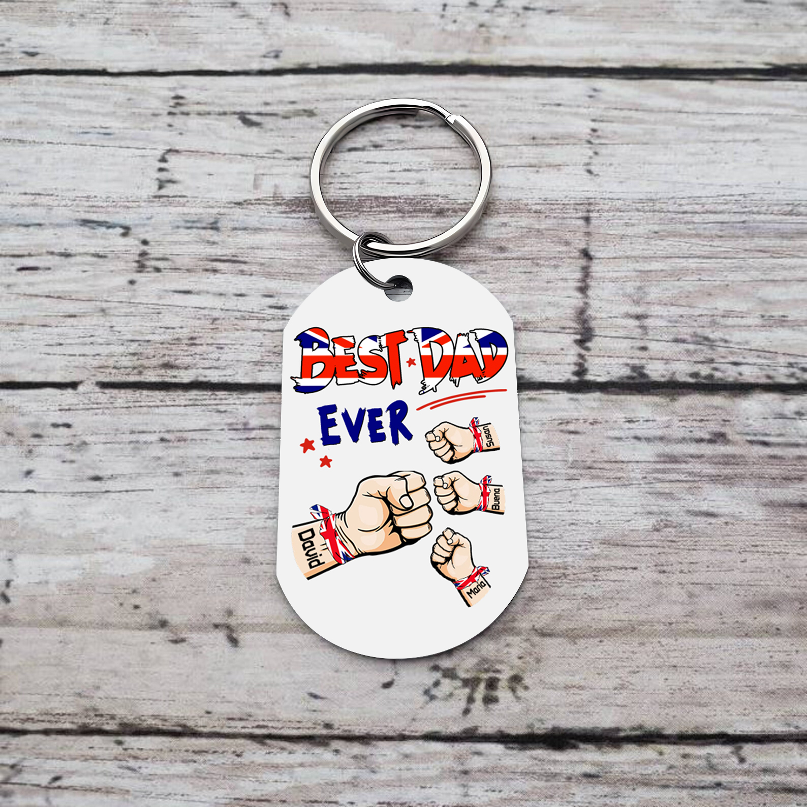 4 Names - Personalised Fist Bump Pattern Keyring Custom Name Gift for Dad