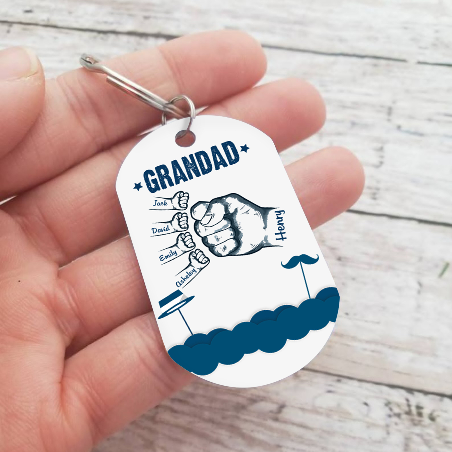 5 Names - Personalised Custom Fist Bump Keyring Hat and Beard Style Keyring Gift for Dad