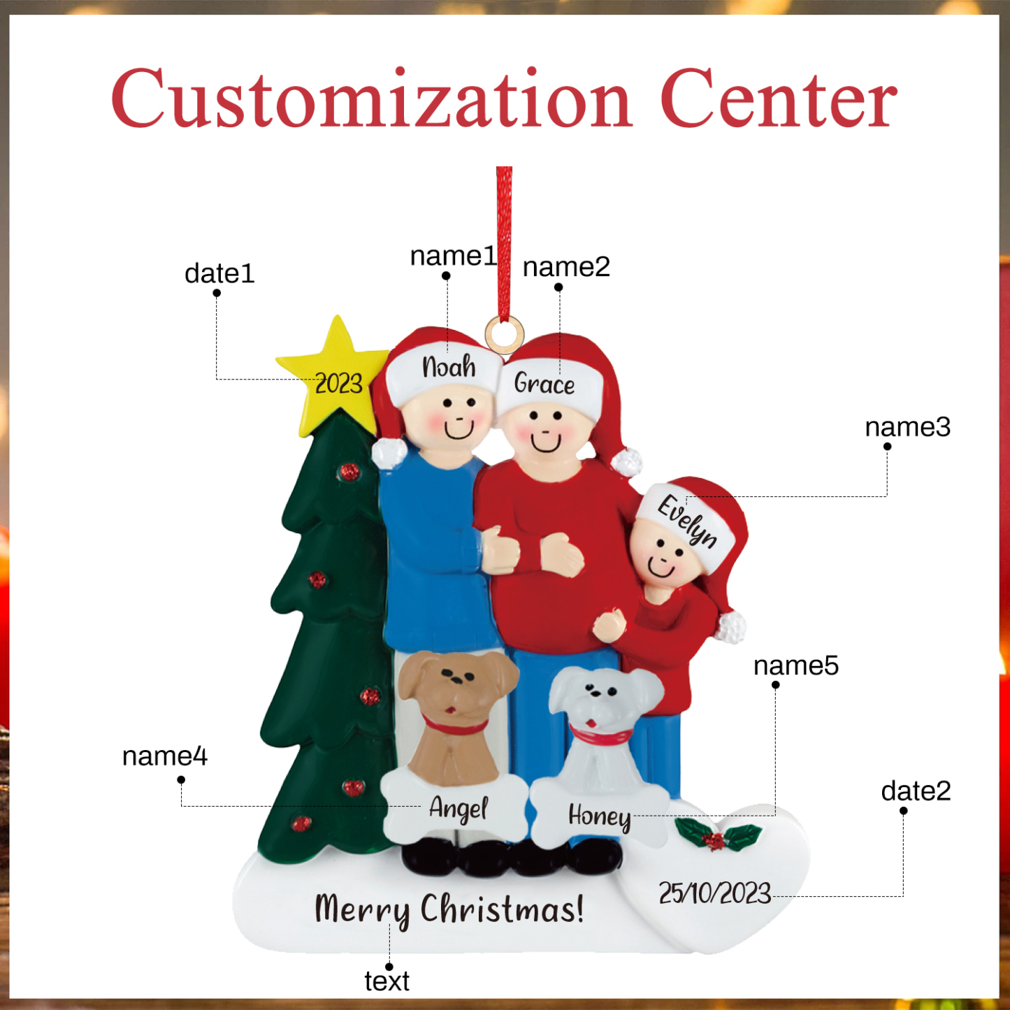 5 Names-Personalised Family Wooden Christmas Xmas Tree Decoration Ornament-Custom 5 Names And Dates Hanging Ornament Gifts For Family
