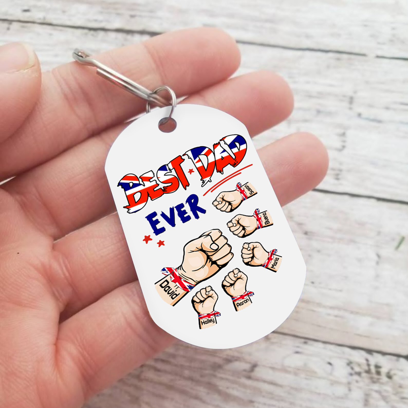6 Names - Personalised Fist Bump Pattern Keyring Custom Name Gift for Dad