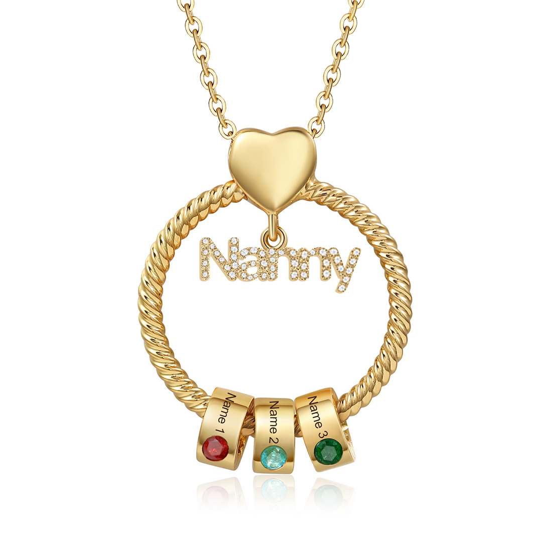 3 Names-Personalised Nanny Circle Necklace With 3 Birthstones Pendant Engraved Names Gift For Nanny