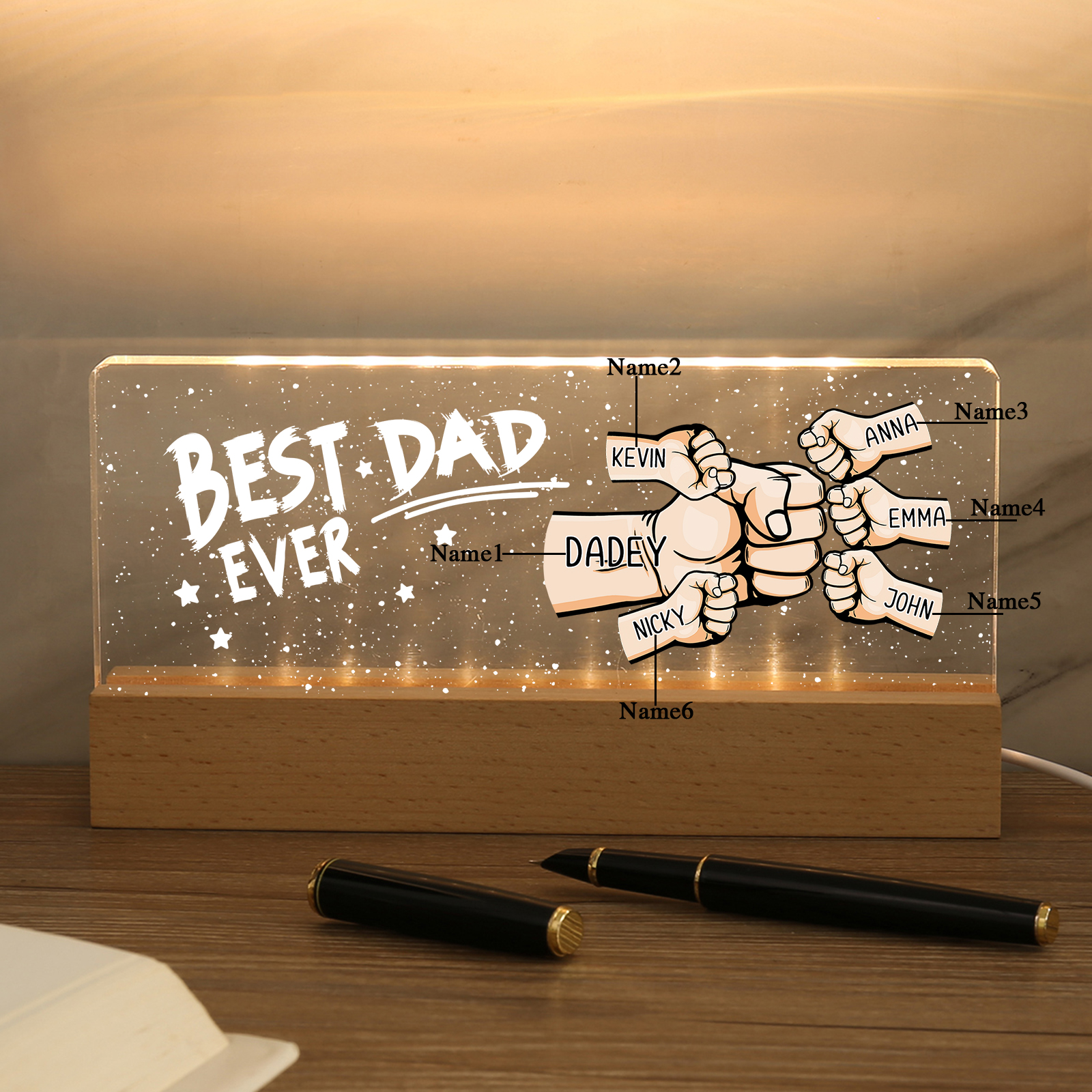 6 Names - Personalised Fist Bump Lamp - Best Dad Ever - Father's Day Gift for Dad
