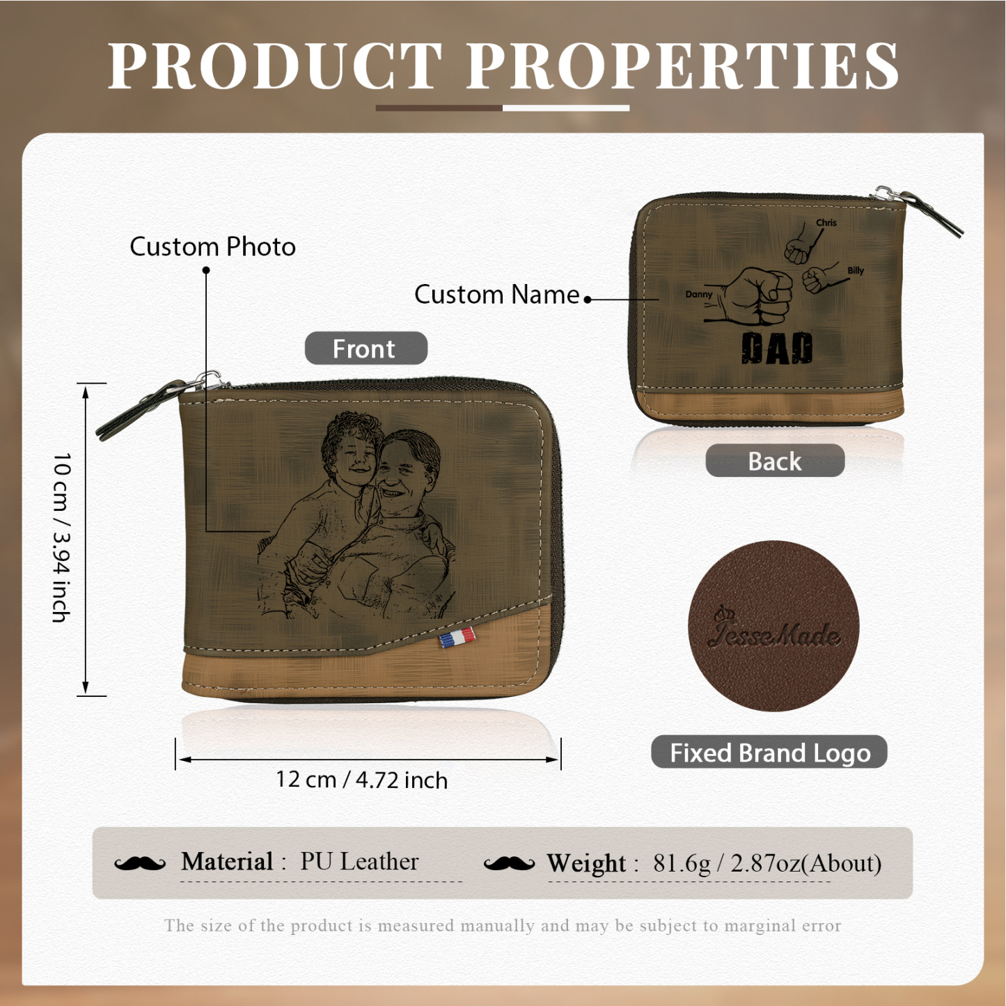 3 Names - Personalised Photo Custom Leather Men's Zipper Wallet as a Father's Day Gift for Dad