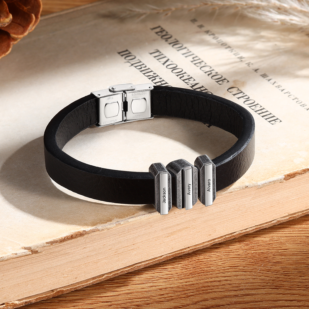 3 Names Personalised Stainless Steel Leather Bracelet Engraved Name Men's Bracelet Gift for Dad