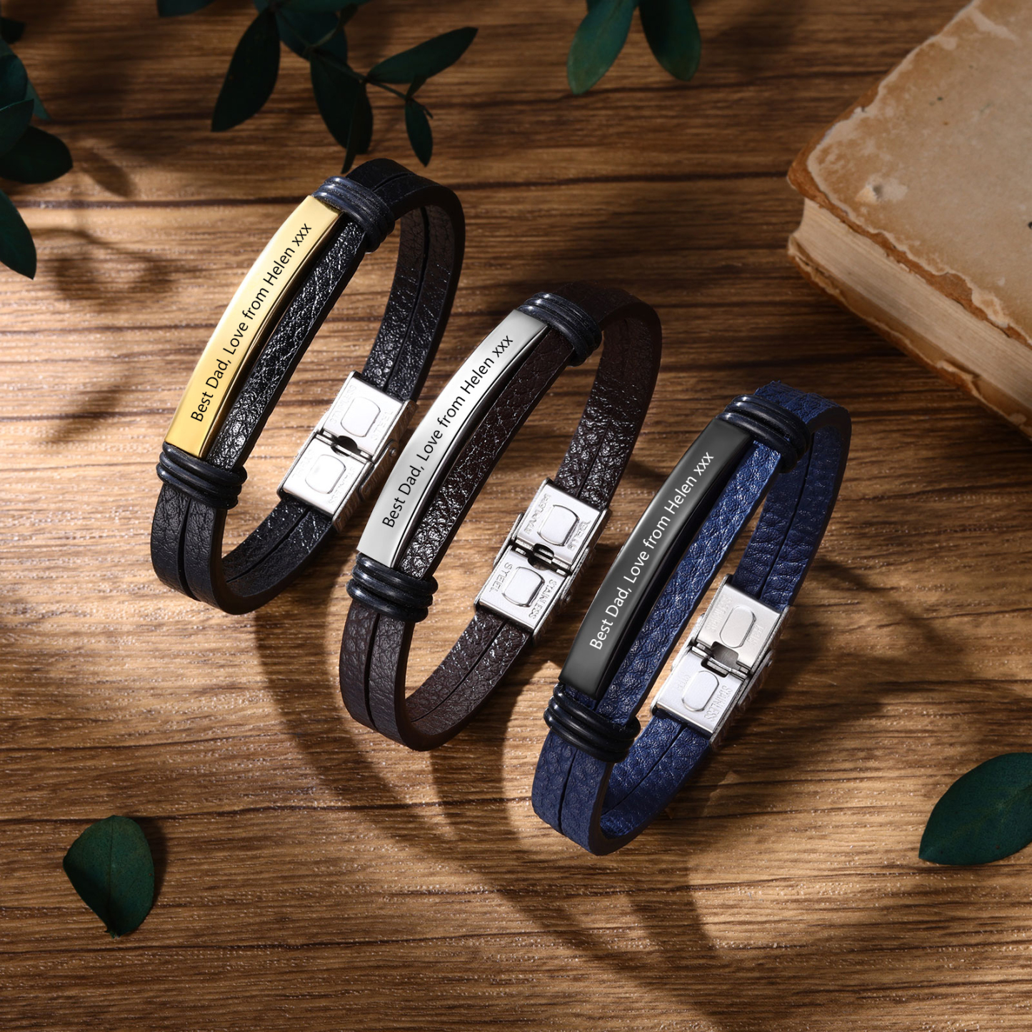 Personalised Text Black Leather Bracelet Men's Bracelet Father's Day Gift for Dad