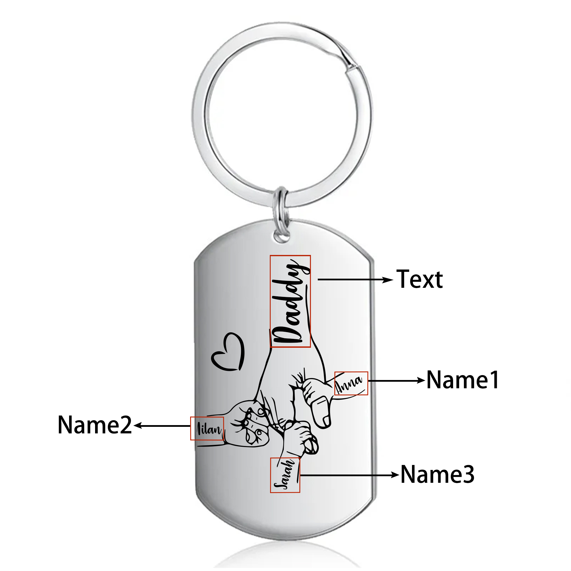 3 Names - Personalised Holding Hands Keyring with name and text Gift for Dad
