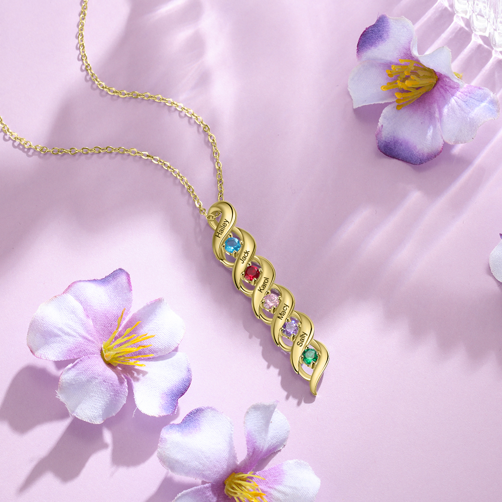 5 Names-Personalised Necklace Cascading Pendant with 5 Birthstones Engraving 5 Names Gifts for Her