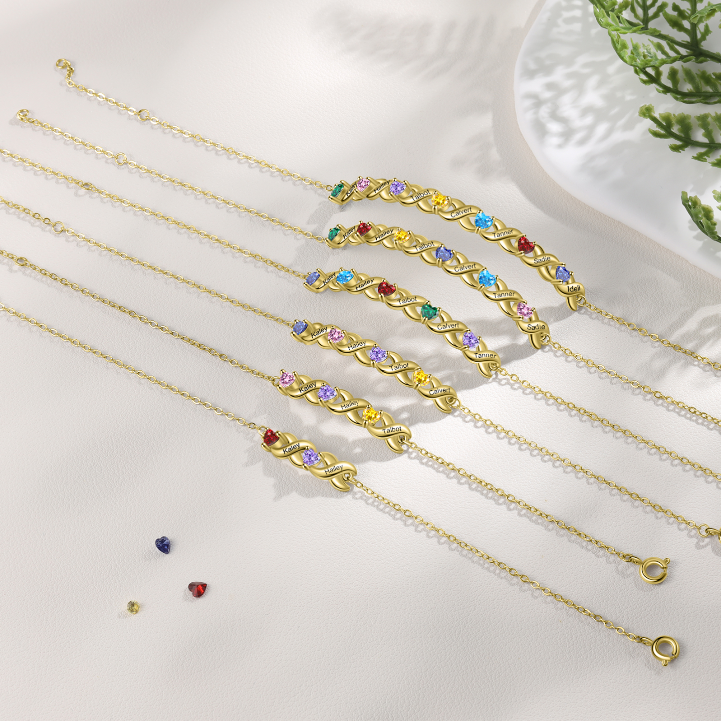 Personalised 2-7 Names Bracelet Set Custom Heart Birthstones Engraved Names Bracelet Gift For Women | Jessemade