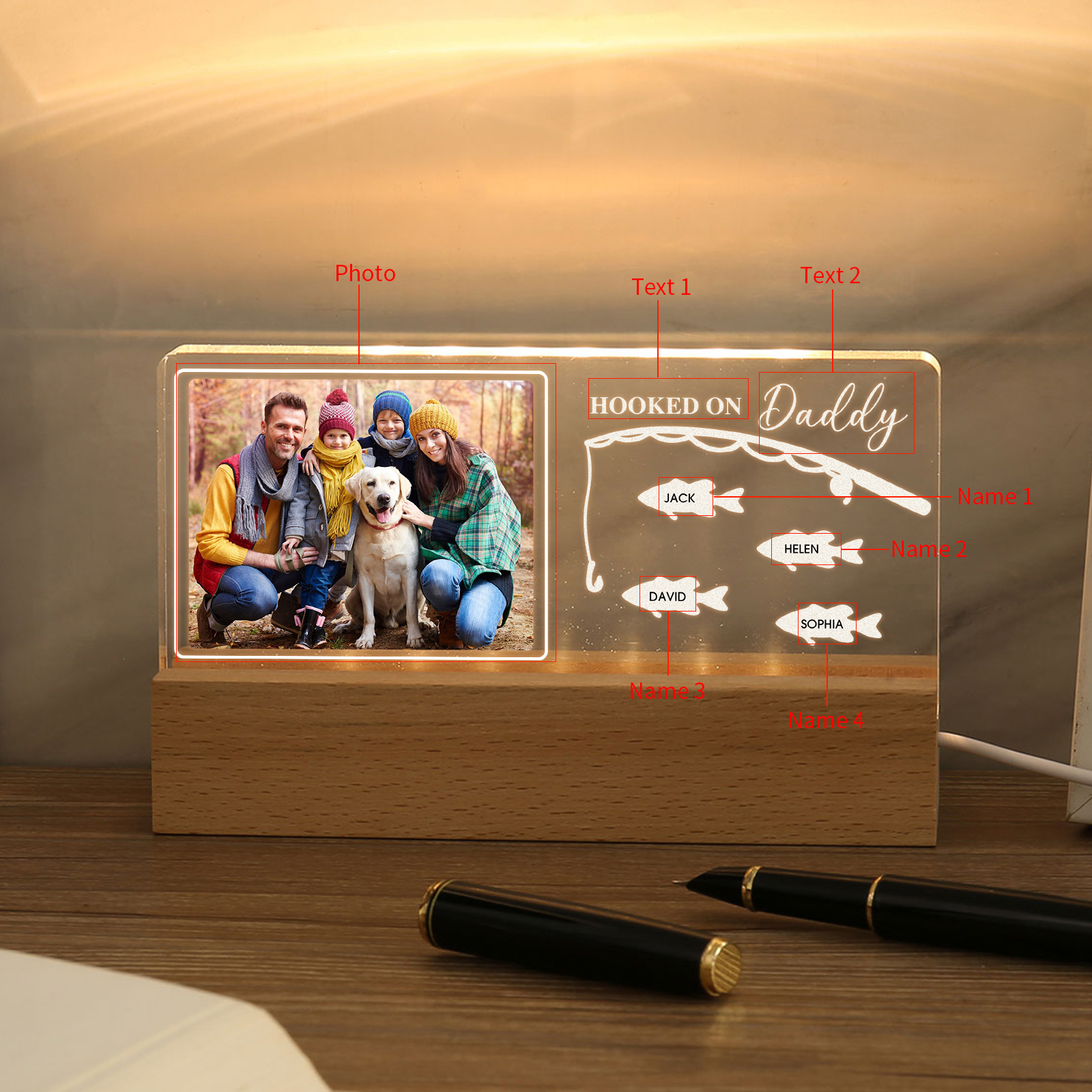 4 Names - Personalised Photo Fishing Pattern Desk Lamp Father's Day Gift For Dad