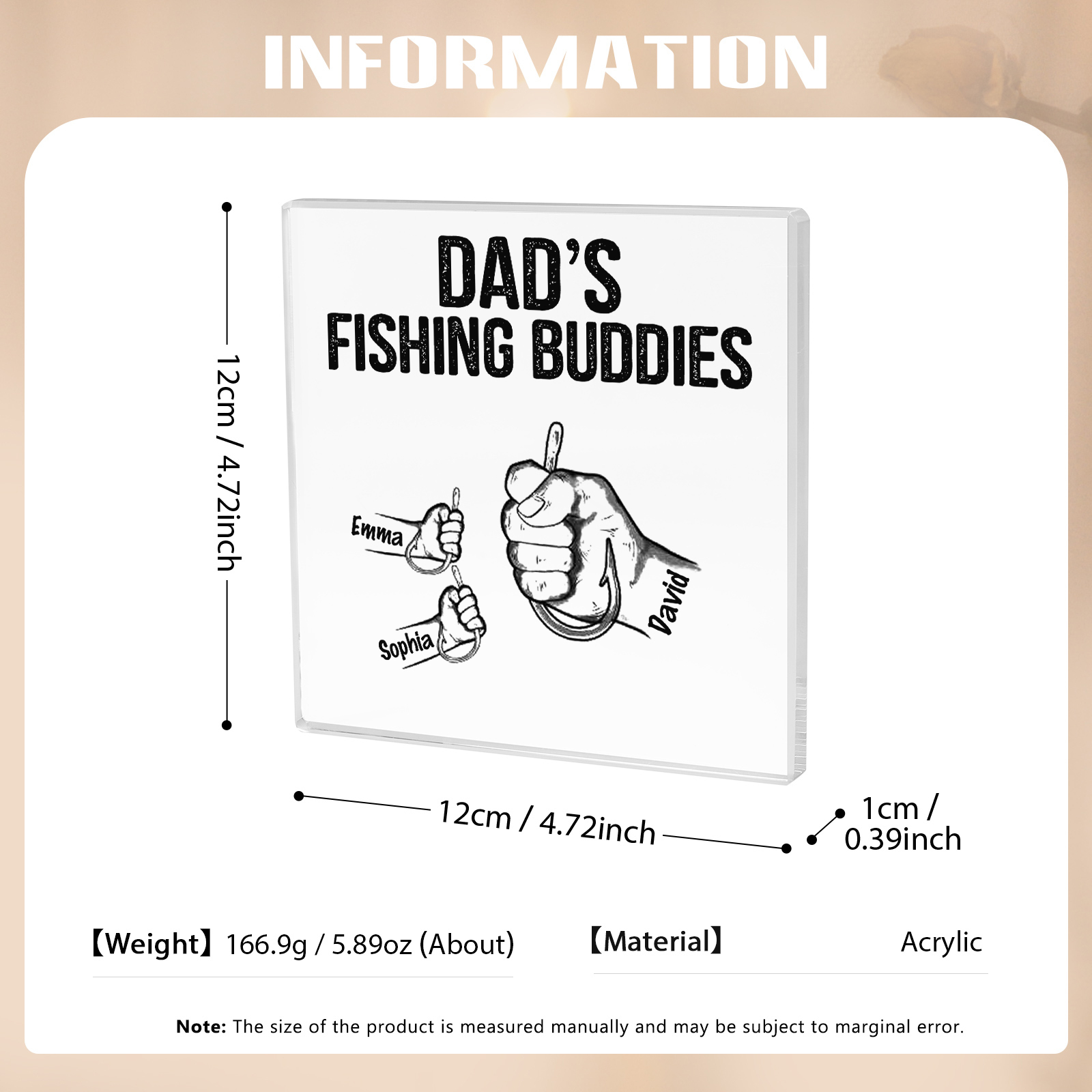 3 Names - Personalised Fishhook Fist Bump Pattern Family Acrylic Keepsake Customized Name Acrylic Home Decor Gift for Dad