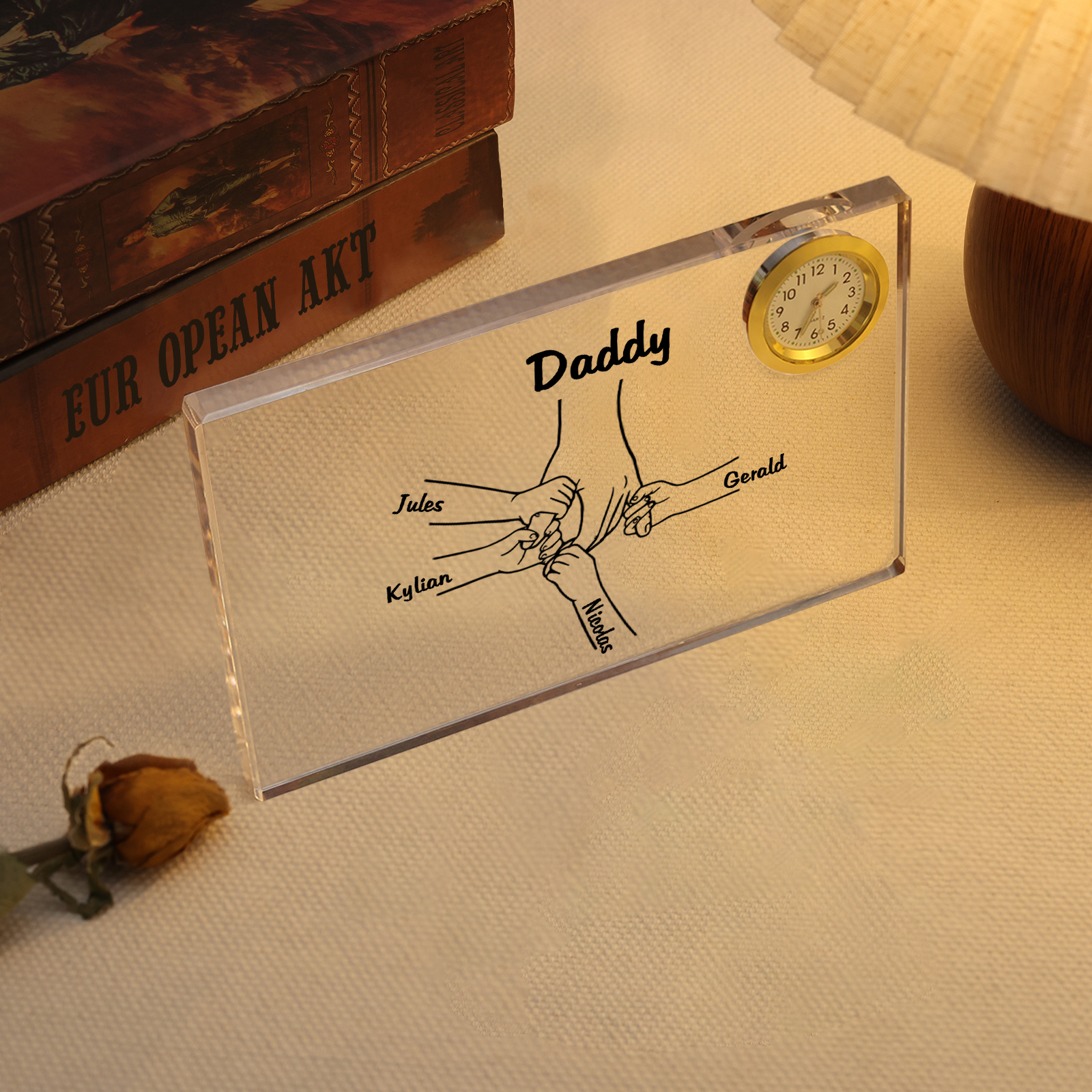 5 Names - Personalised Holding Hands Pattern Custom Name Acrylic Rectangular Clock Ornament Father's Day Gift