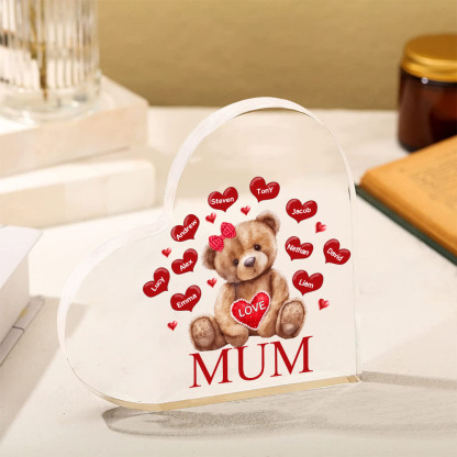 10 Names-Personalised Mum Acrylic Heart Keepsake Custom Text Love Teddy Bear Ornaments Gifts Set With Gift Box for Grandma/Mother