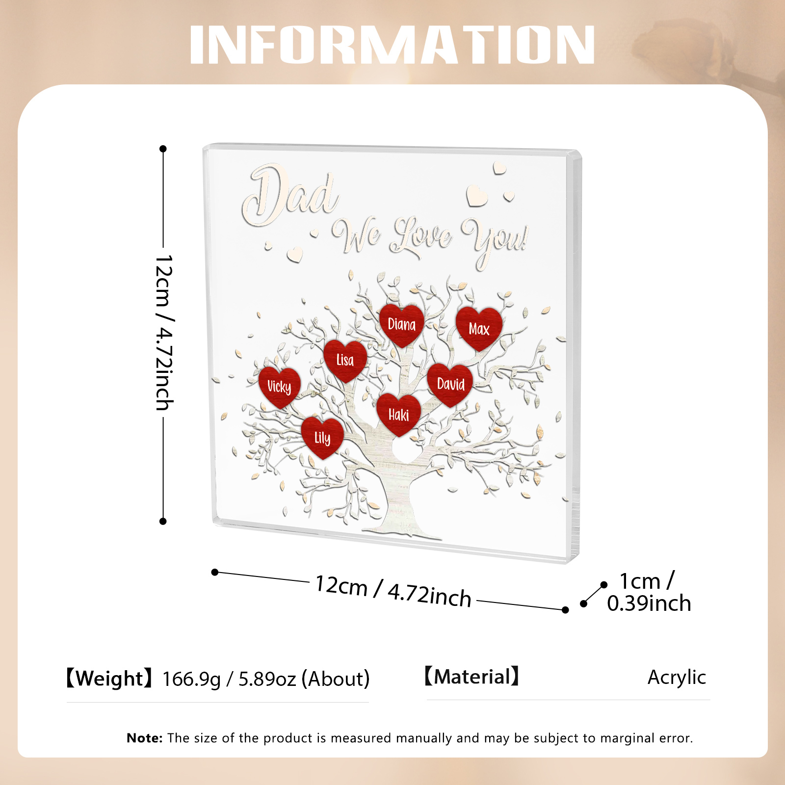 7 Names-Personalised Acrylic Family Tree Keepsake-Custom Text and Names-Acrylic Plaque Home Decoration Gift for Dad/Grandad