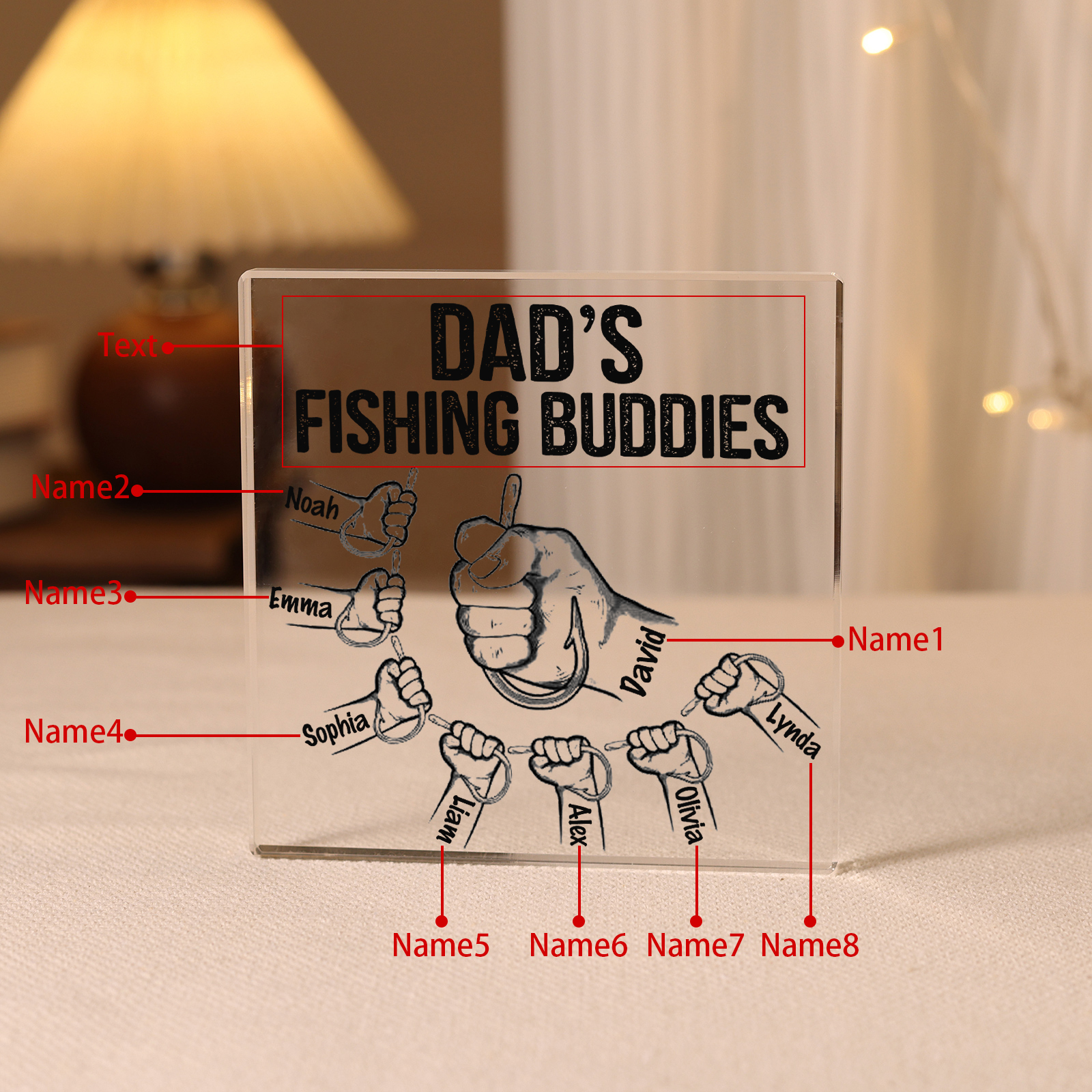 8 Names - Personalised Fishhook Fist Bump Pattern Family Acrylic Keepsake Customized Name Acrylic Home Decor Gift for Dad
