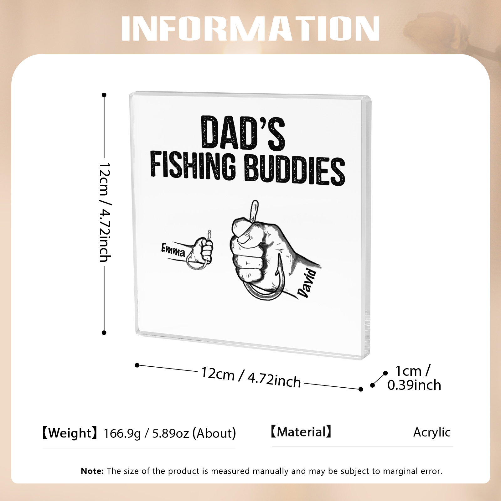 2 Names - Personalised Fishhook Fist Bump Pattern Family Acrylic Keepsake Customized Name Acrylic Home Decor Gift for Dad