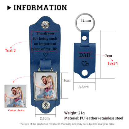 Personalised 2 Texts & 1 Photo Men's Leather Keyring Three Colors Available for Dad