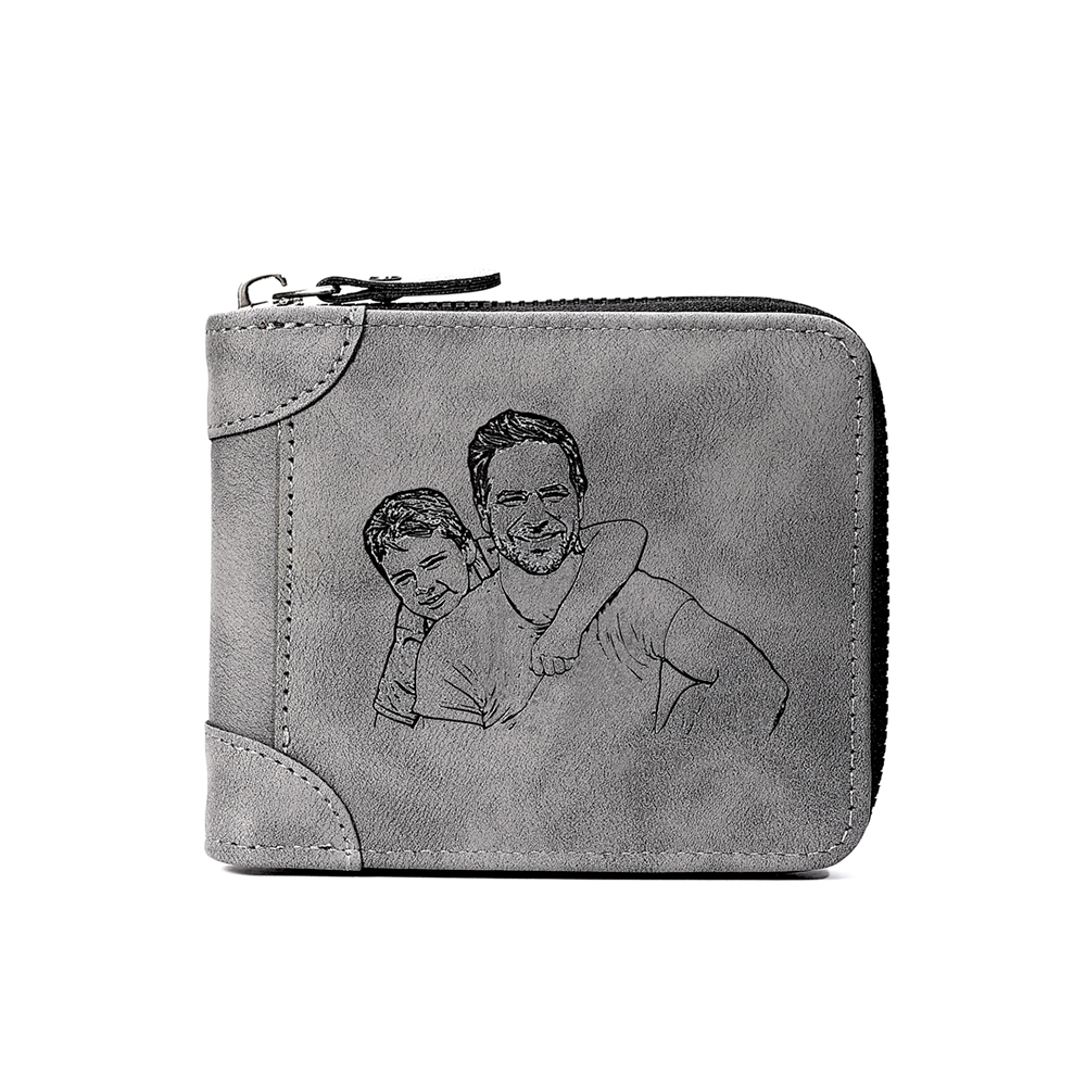 Photo Personalised Leather Zipper Men's Wallet Custom Text Fold Wallet With Gift Box for Dad