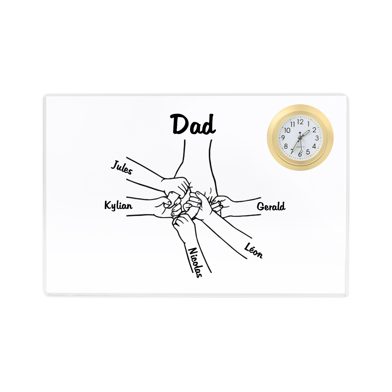 6 Names - Personalised Holding Hands Pattern Custom Name Acrylic Rectangular Clock Ornament Father's Day Gift