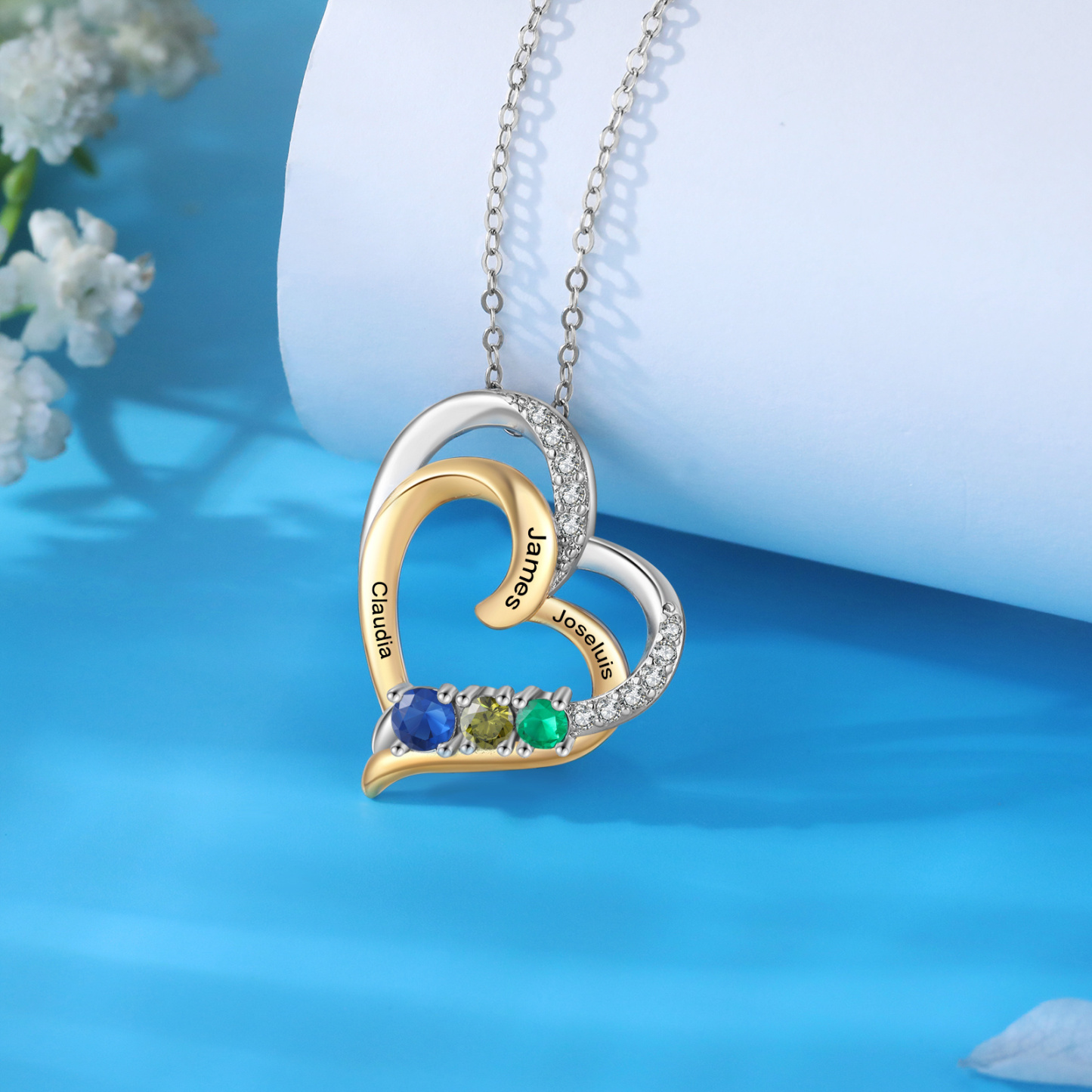 Personalised Double Heart Birthstone Necklace