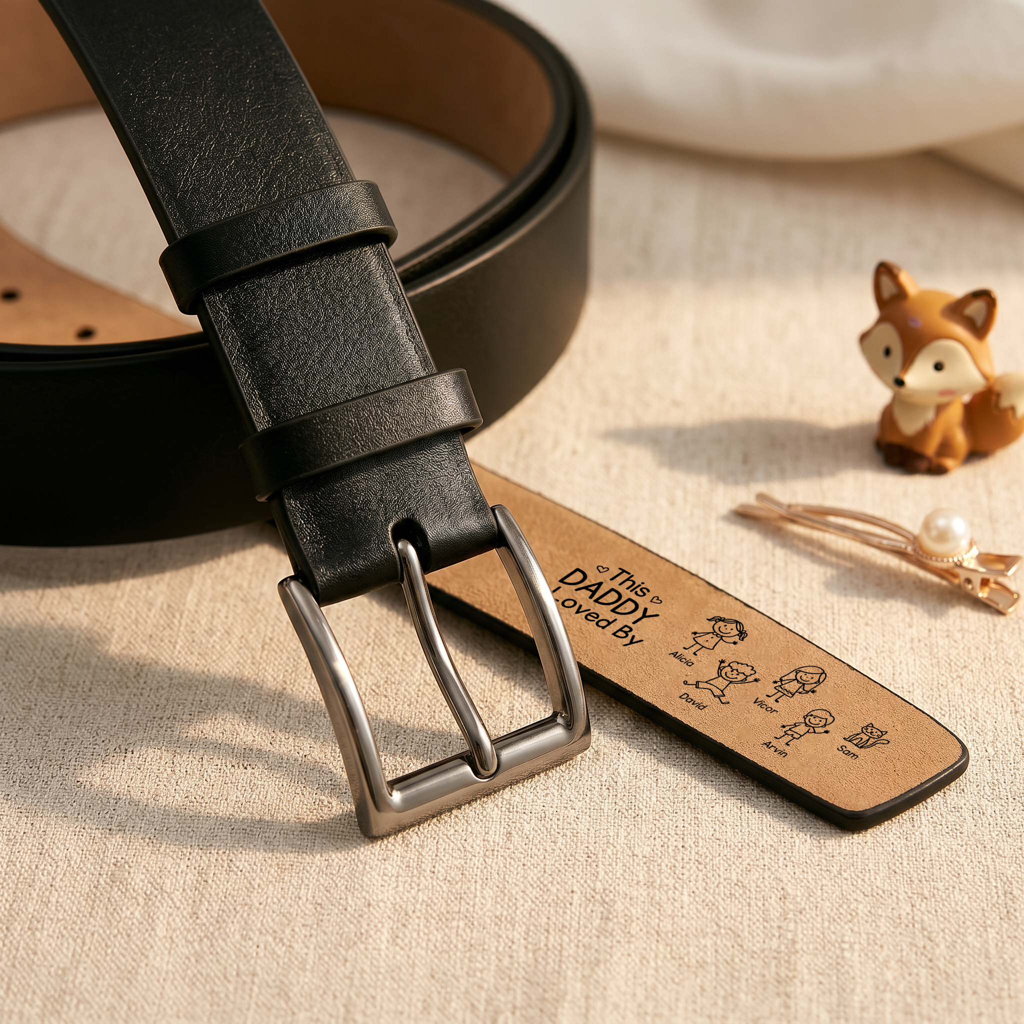 Personalised Leather Men’s Belt for Dad/Grandad, Customised with 1–10 Names and Child Figures