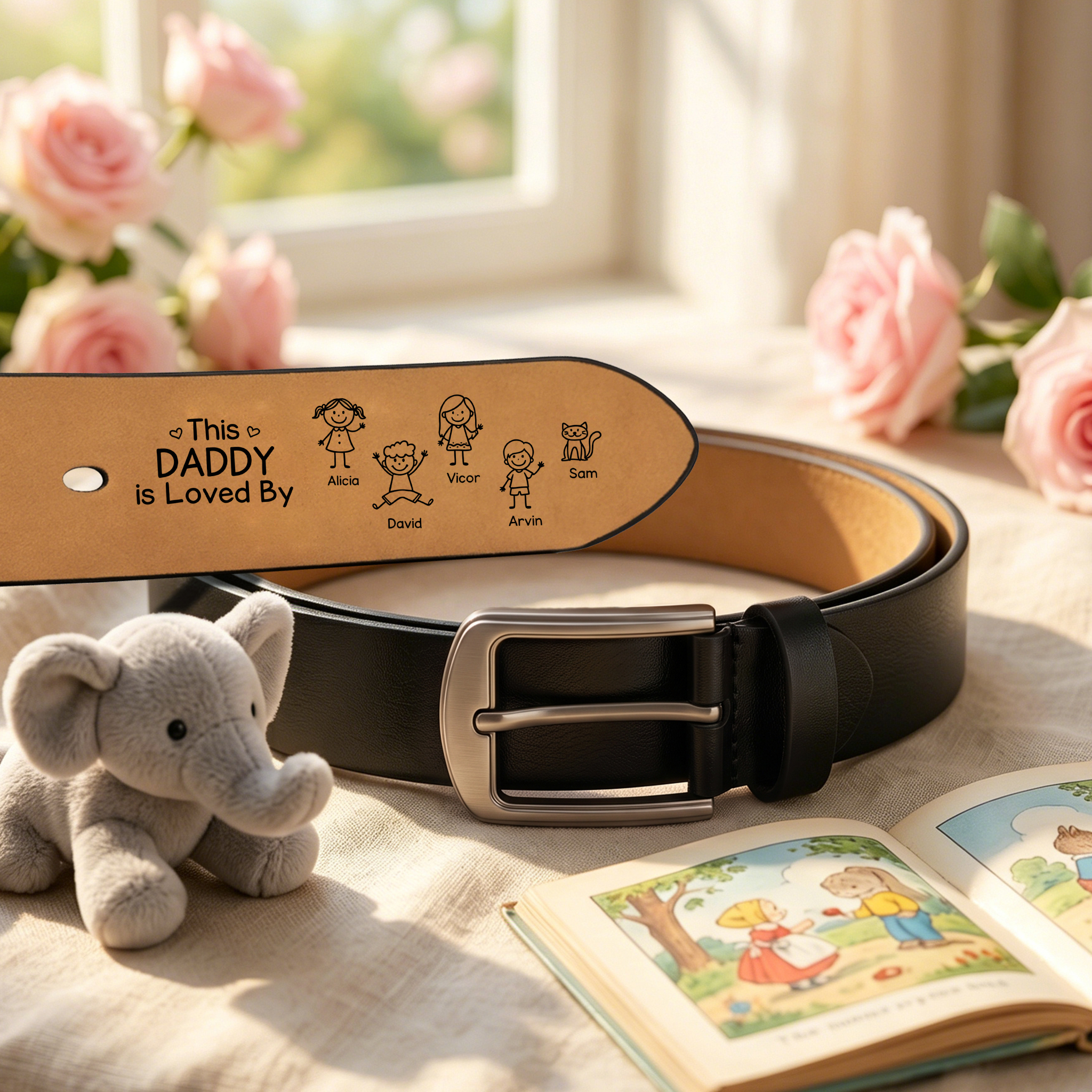 Personalised Leather Men’s Belt for Dad/Grandad, Customised with 1–10 Names and Child Figures