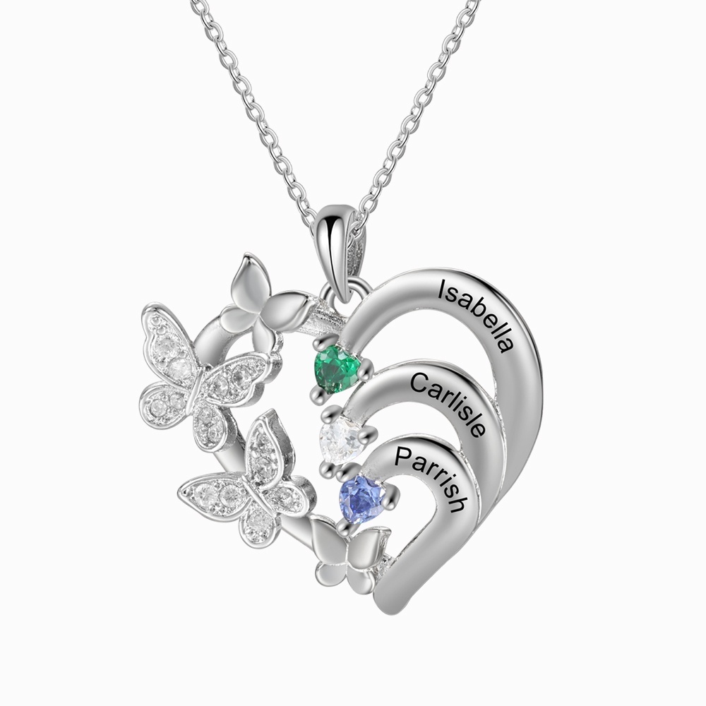 Personalised  2-4 Names Butterfly Heart Birthstone Necklace