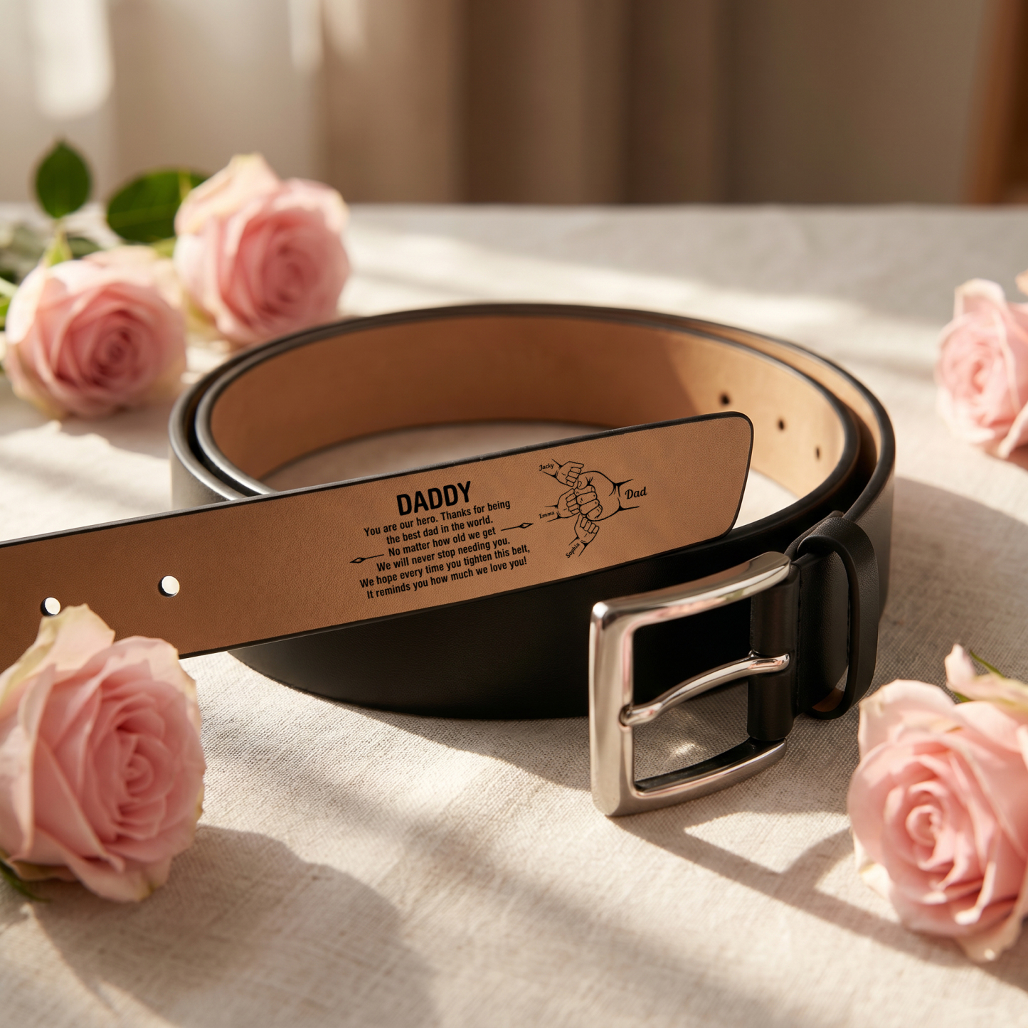 Personalised Fist Leather Belt, Custom 2-7 Names Adjustable Men's Belt Gift for Dad