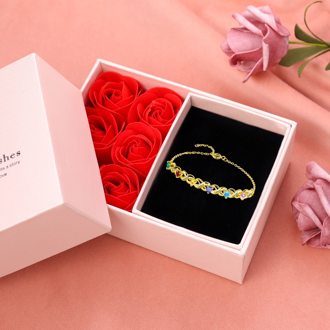 Personalised Bracelet With 6 Heart Birthstones Engraved Names Bracelet Gift For Women