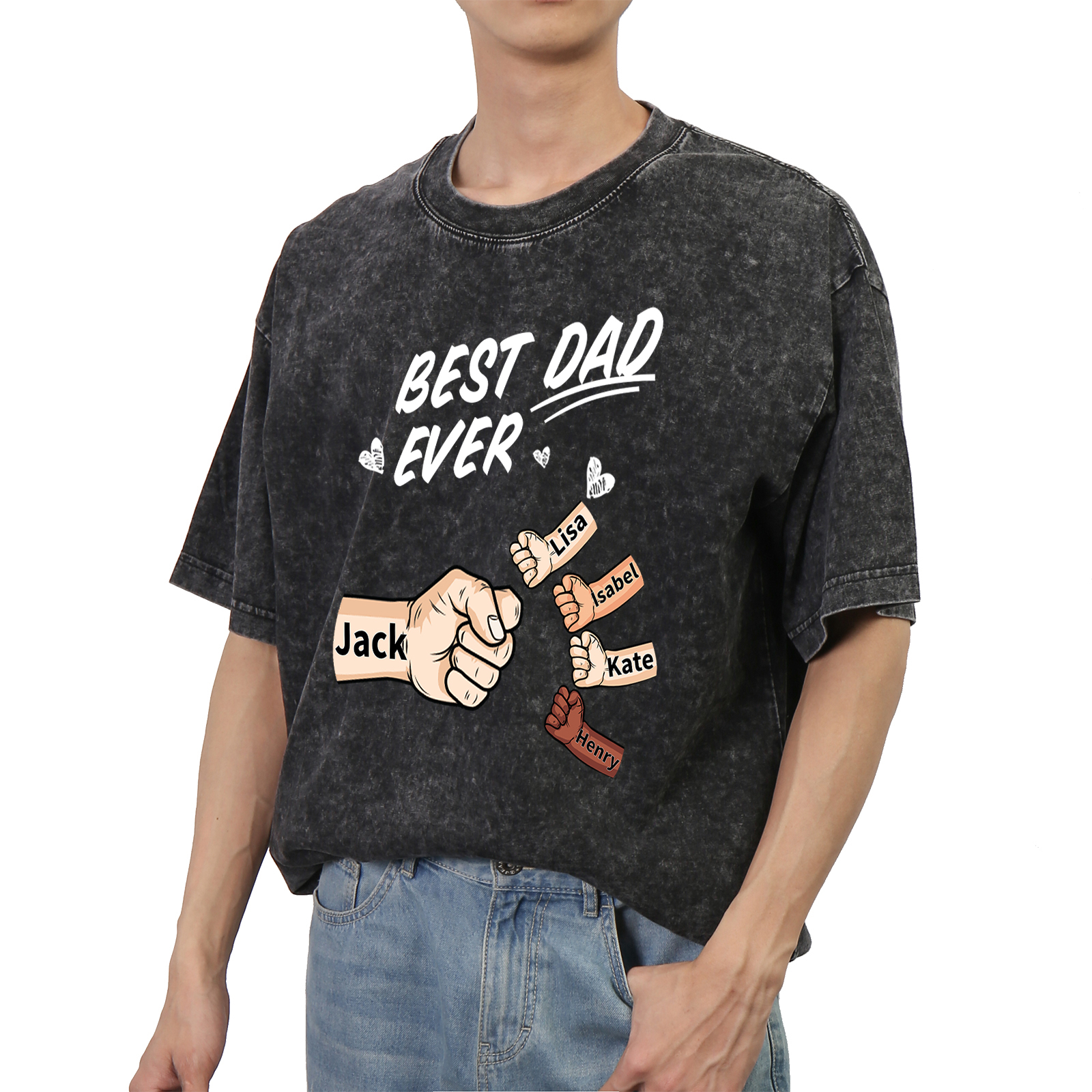 Best Dad Ever - Personalised 2–7 Names Family T-Shirt Custom Fist Bump Short Sleeve Father's Day Gifts For Dad