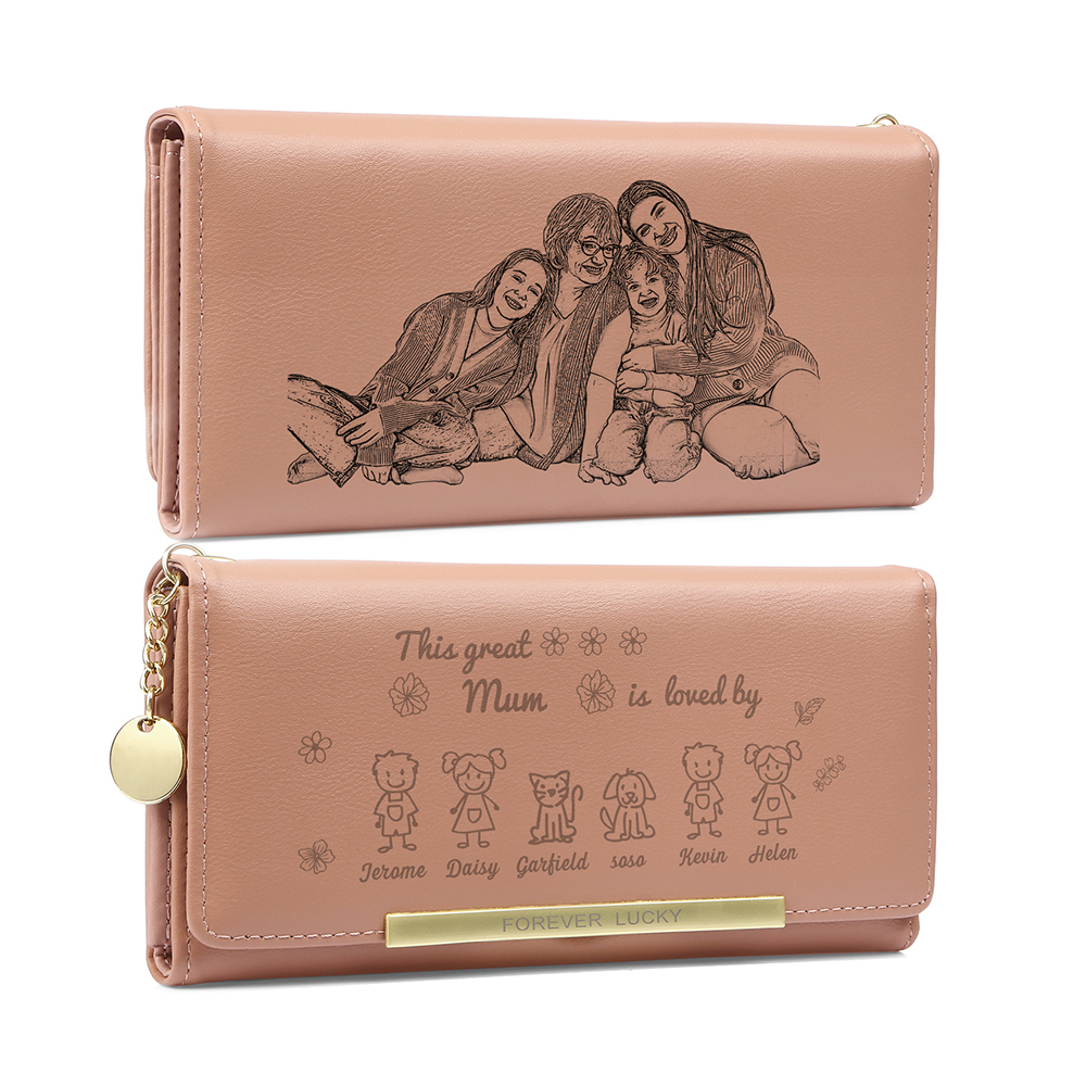 Personalised Women Leather Wallet Purse With Custom 1 Kid And Pet Name