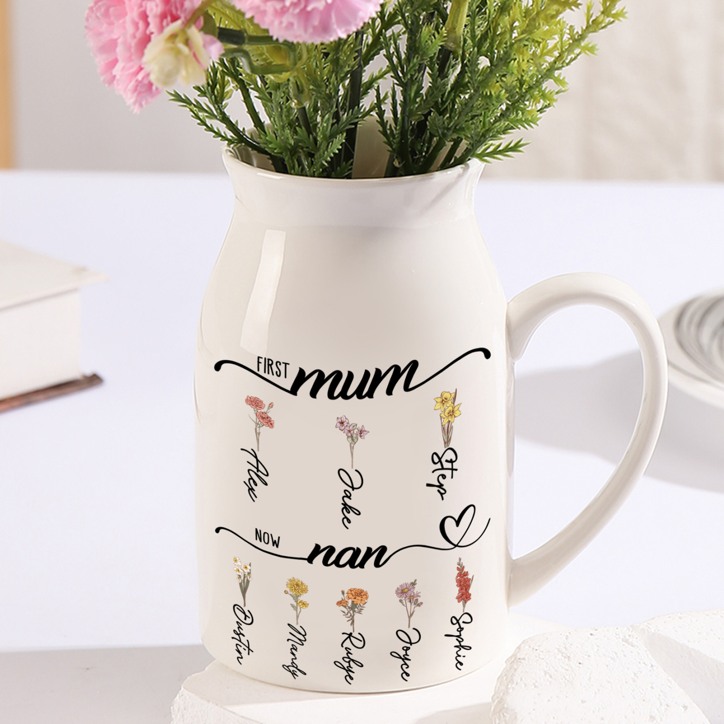 Personalised Floral Name Pitcher – “First Mum, Now Nan” Ceramic Fl