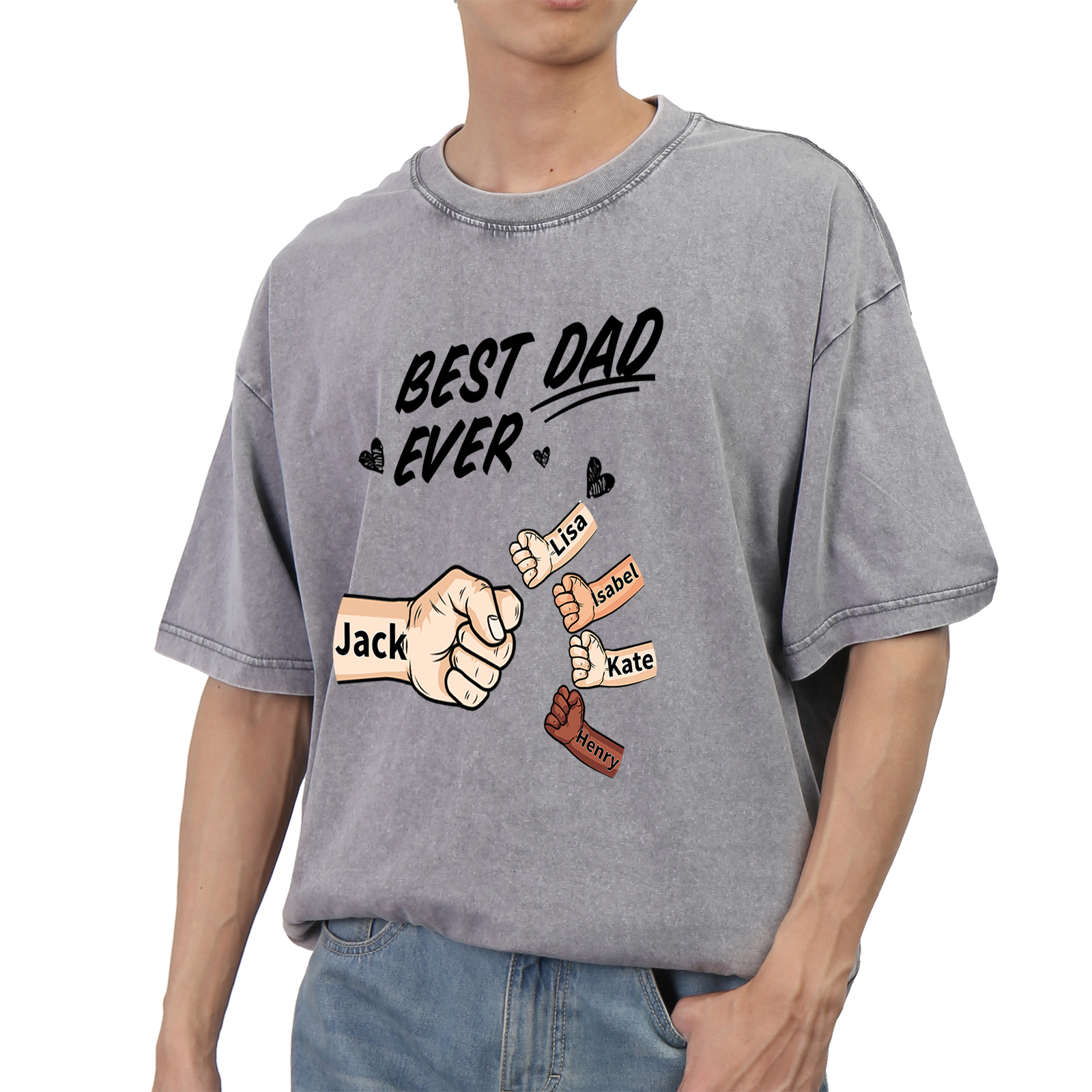 Best Dad Ever - Personalised 2–7 Names Family T-Shirt Custom Fist Bump Short Sleeve Father's Day Gifts For Dad