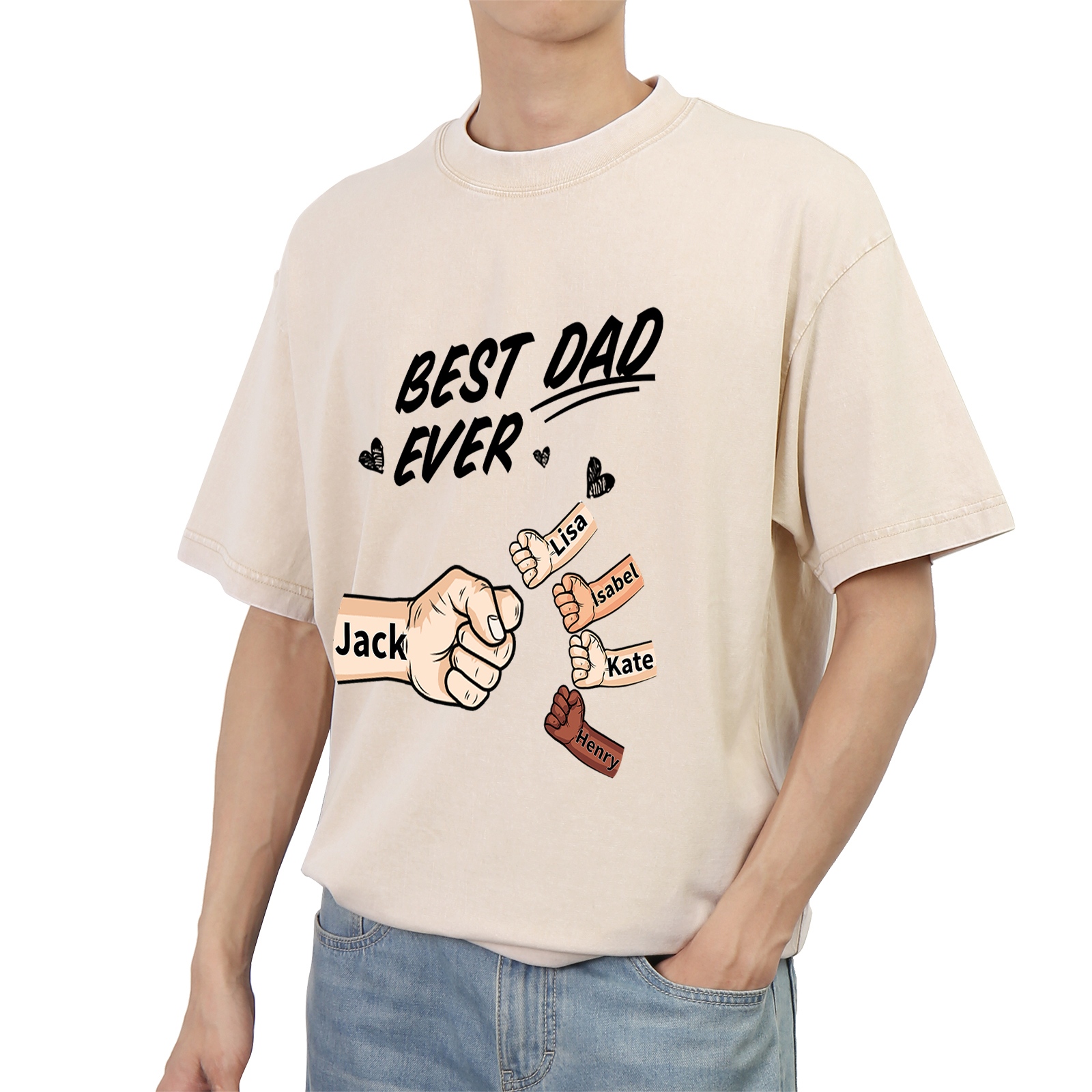 Best Dad Ever - Personalised 2–7 Names Family T-Shirt Custom Fist Bump Short Sleeve Father's Day Gifts For Dad