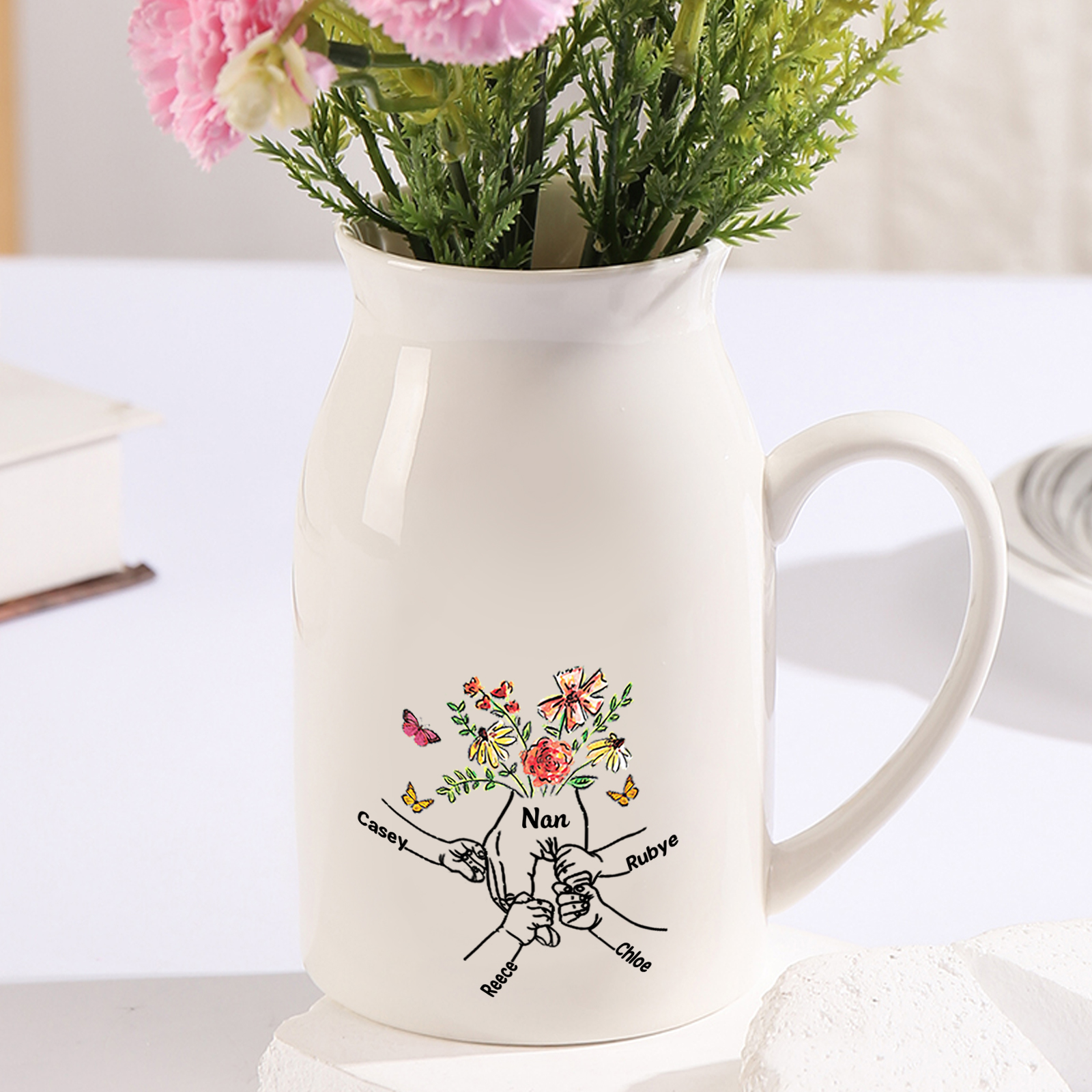 Personalised Ceramic Jug with Names – “Nan” Fist Floral Design | Jessemade